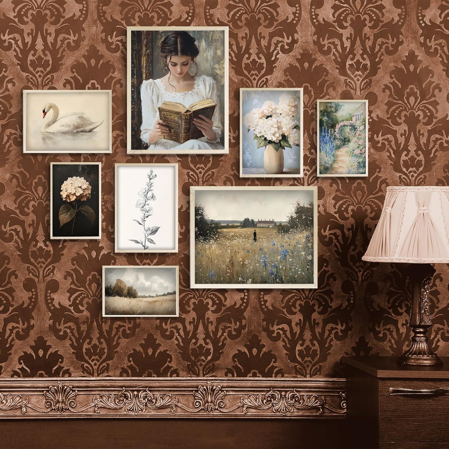 Eastern Print Victorian Wall Art Set of 8 PCS, Vintage Prints for Gallery Wall Decor, French Country Cottagecore Style, Swan, Floral, Classical Woman Reading Artwork for Bedroom, Living Room, Unframed