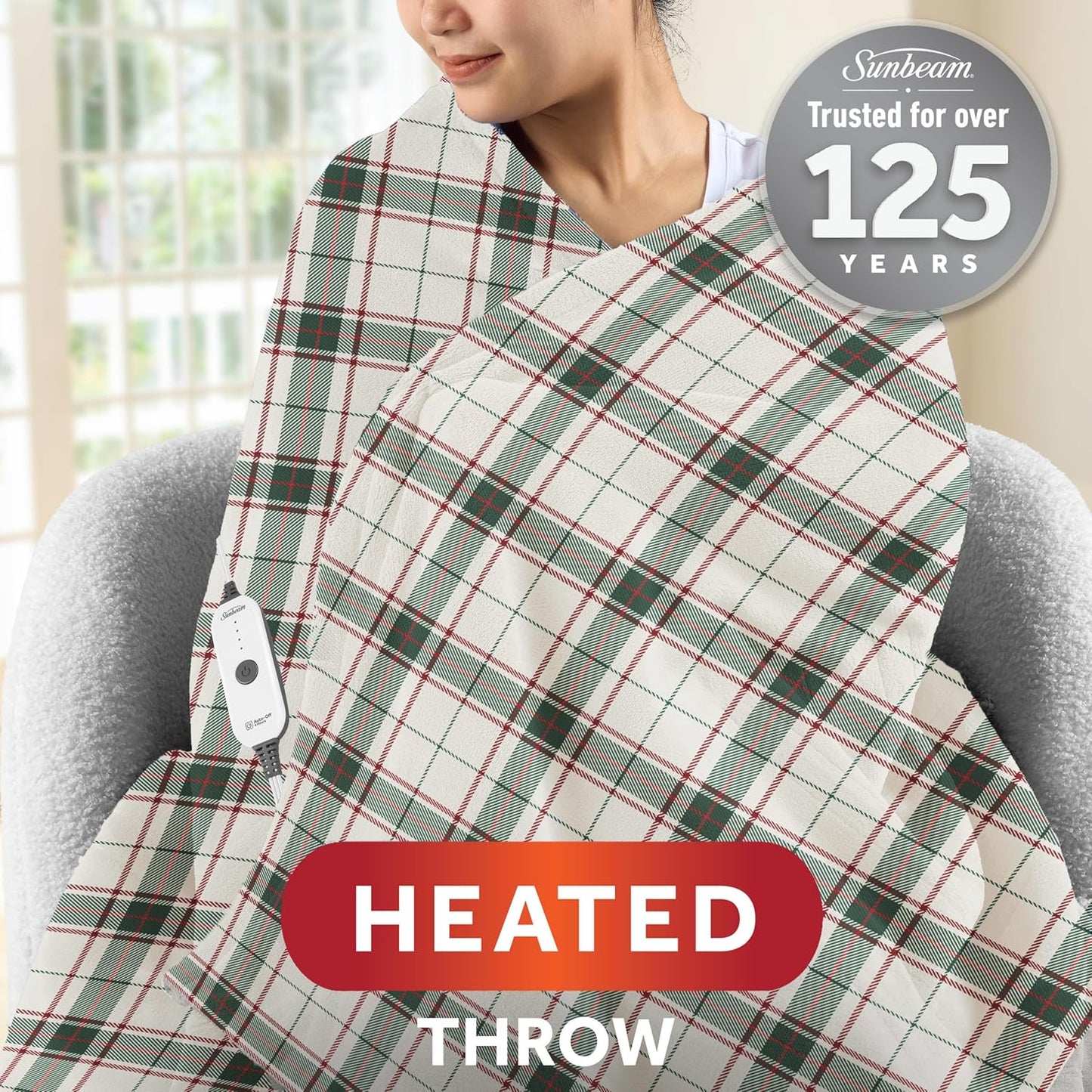 Sunbeam Electric Throw Royal Posh Heated Blanket, 4 Heat Settings, 4-Hour Auto Shut-Off, Fast Heating, Warm and Cozy, Eggshell Plaid, 50" x 60"