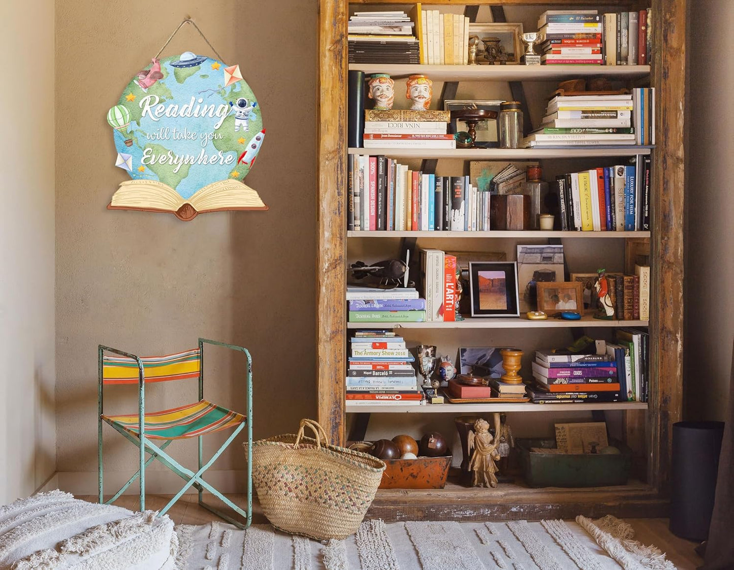 OLMIXA Earth Reading Book Wooden Hanging Sign (11.6x12.2inch), Reading Will Take You Everywhere Inspirational Quote Door Hanger Sign, Educational Reading Sign for Library Study Classroom Decor