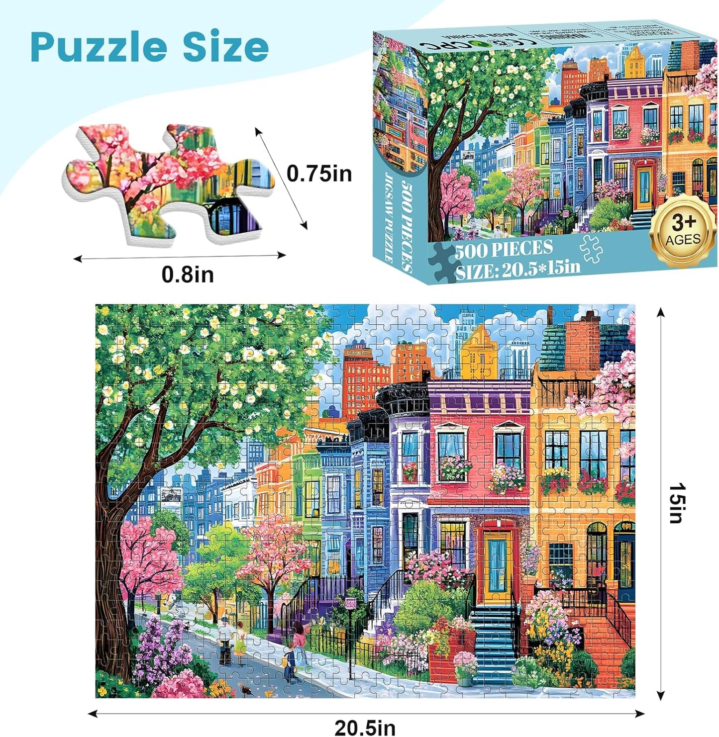 500 Pieces Puzzles for Adults, Spring Puzzle for Adults Elderly, Colorful Street Jigsaw Puzzle, Recycled Paper Puzzle 500 Pieces, Family Activity Game Nights Gifts 20.5x15 in