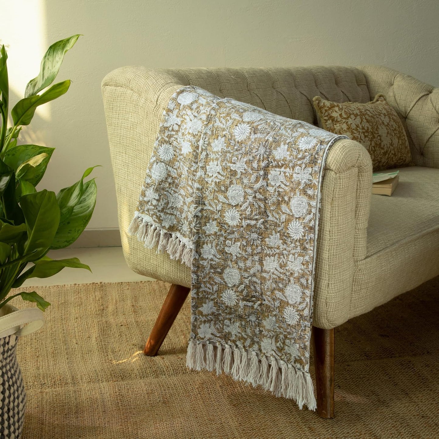 100% Pure Cotton Handblock Printed Throw Blanket, Soft 50" x 60" Fringed Floral Print Throw for Couch, Sofa, Chair, Bed - Cozy, Machine Washable, Comfortable Home Decor