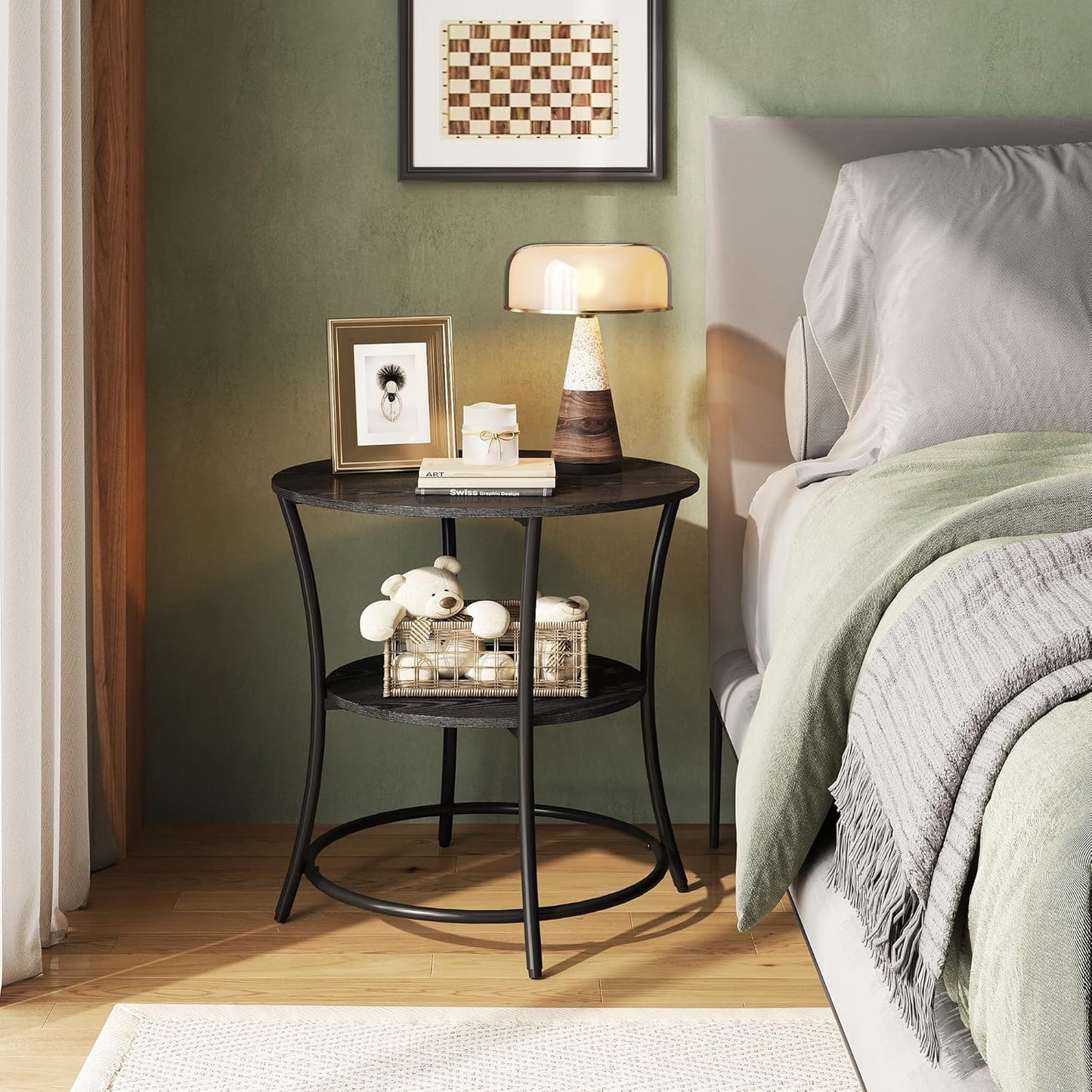 WLIVE Side Table, Round End Table with 2 Storage Shelves for Living Room, Bedroom, Nightstand with Steel Frame for Small Spaces, Accent Coffee Table, Black