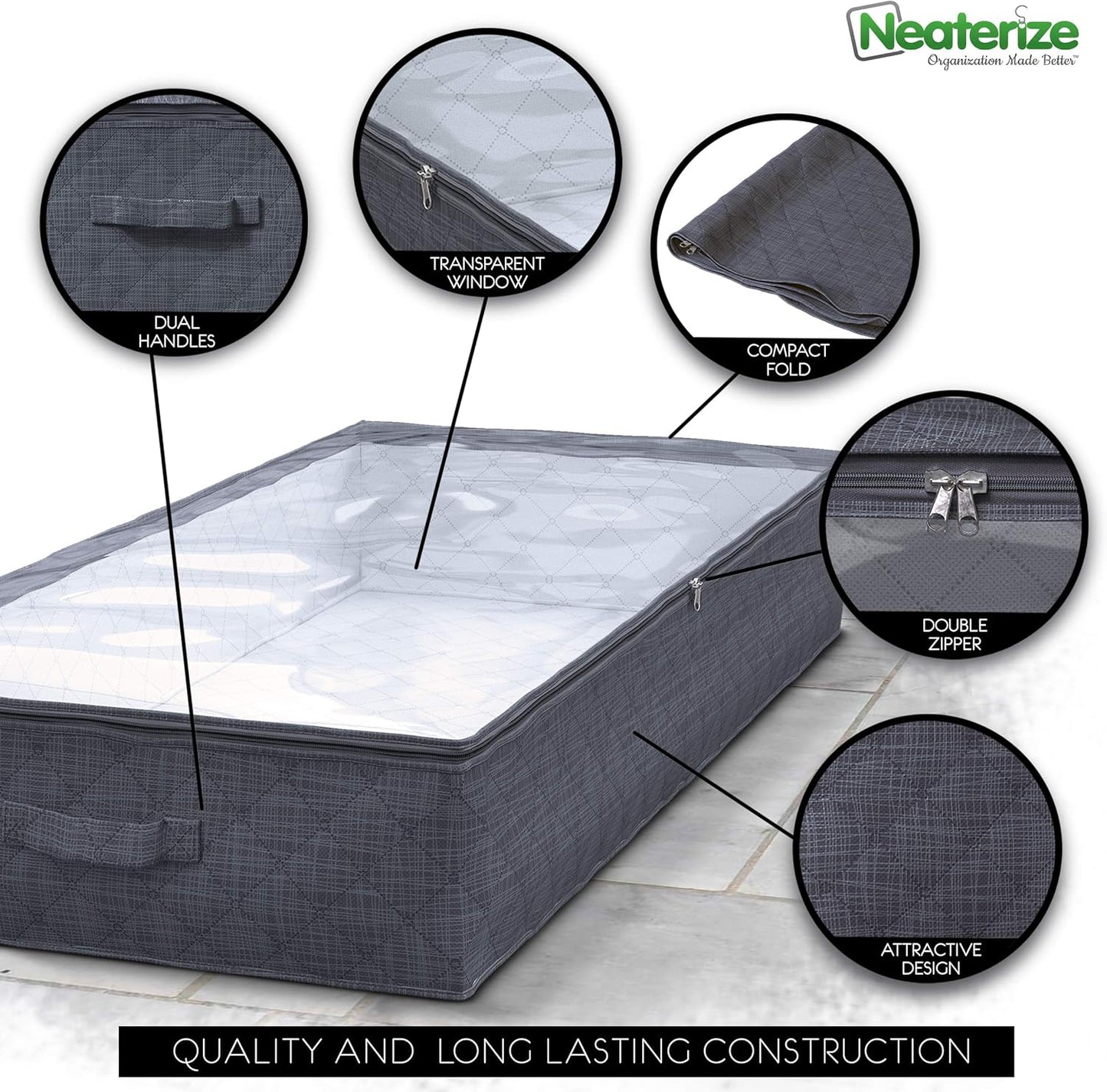 NEATERIZE Large Under Bed Storage Bags | 2-Pack Underbed Clothing Organizer | Ultra Thick Fabric, Reinforced Handles & Zipper | Stackable Organization and Storage Containers for Bedroom [Dark Grey]