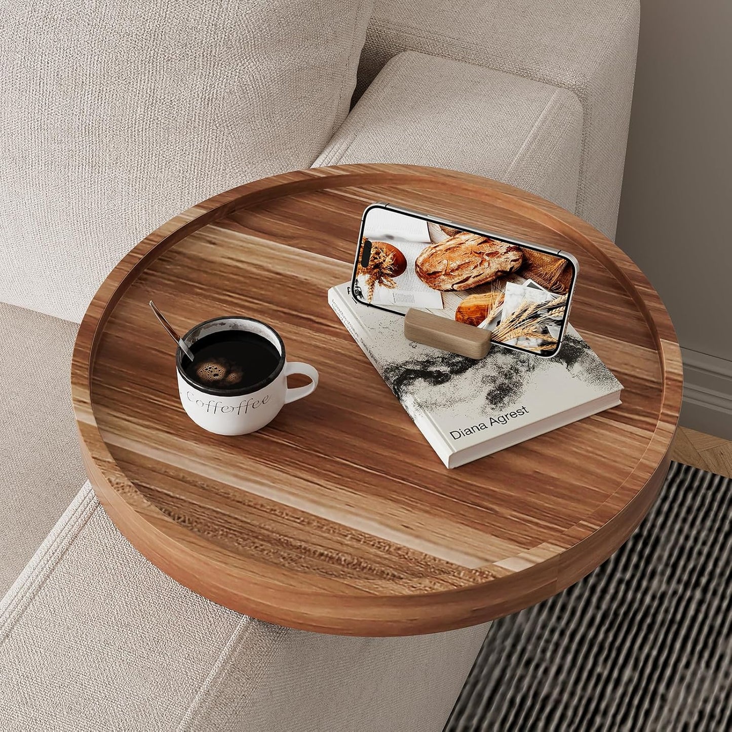 Acacia Wood Couch Arm Tray Table,11.8 Inch Adjustable Round Sofa Arm Tray,Wooden Armrest Table for Couches,Arm Chair Companion for Eating