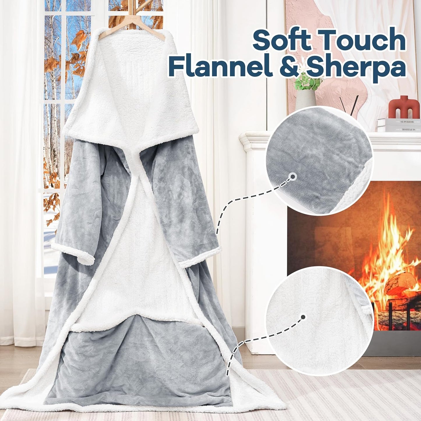 Heated Blanket Wearable Electric Blanket with Foot Pocket and Sleeves, Heating Throw Blanket, Electric Snuggle Blankets, 6 Heating Levels Setting & 4 Hours Auto Shut Off, Machine Washable (Long,Grey)