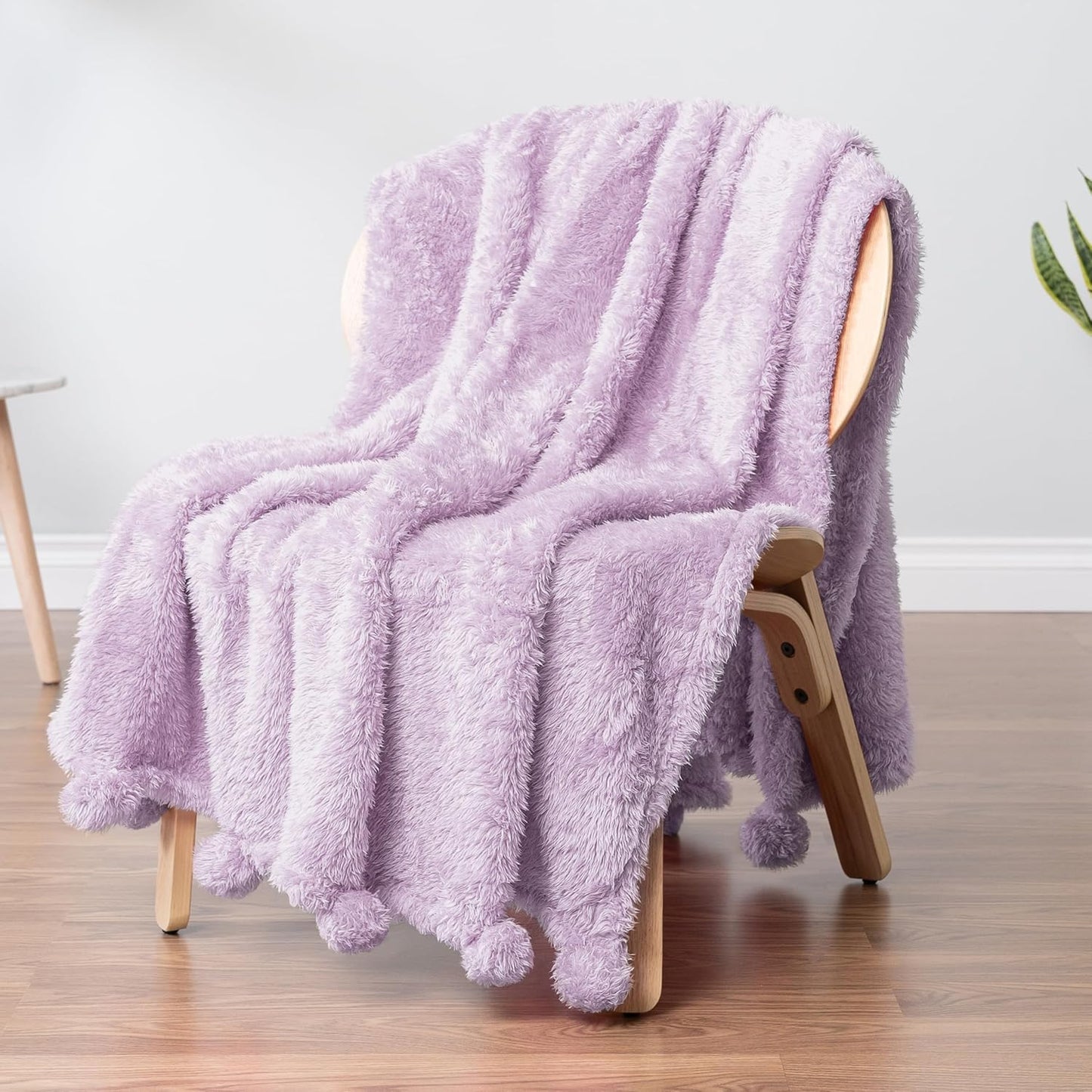 PAVILIA Lavender Sherpa Throw Blanket for Couch, Warm Plush Pom Pom Blanket Throw, Light Purple Fuzzy Sofa Throw, Lightweight Soft Cozy Fluffy Blanket with Pom Poms, Lavender, 50x60