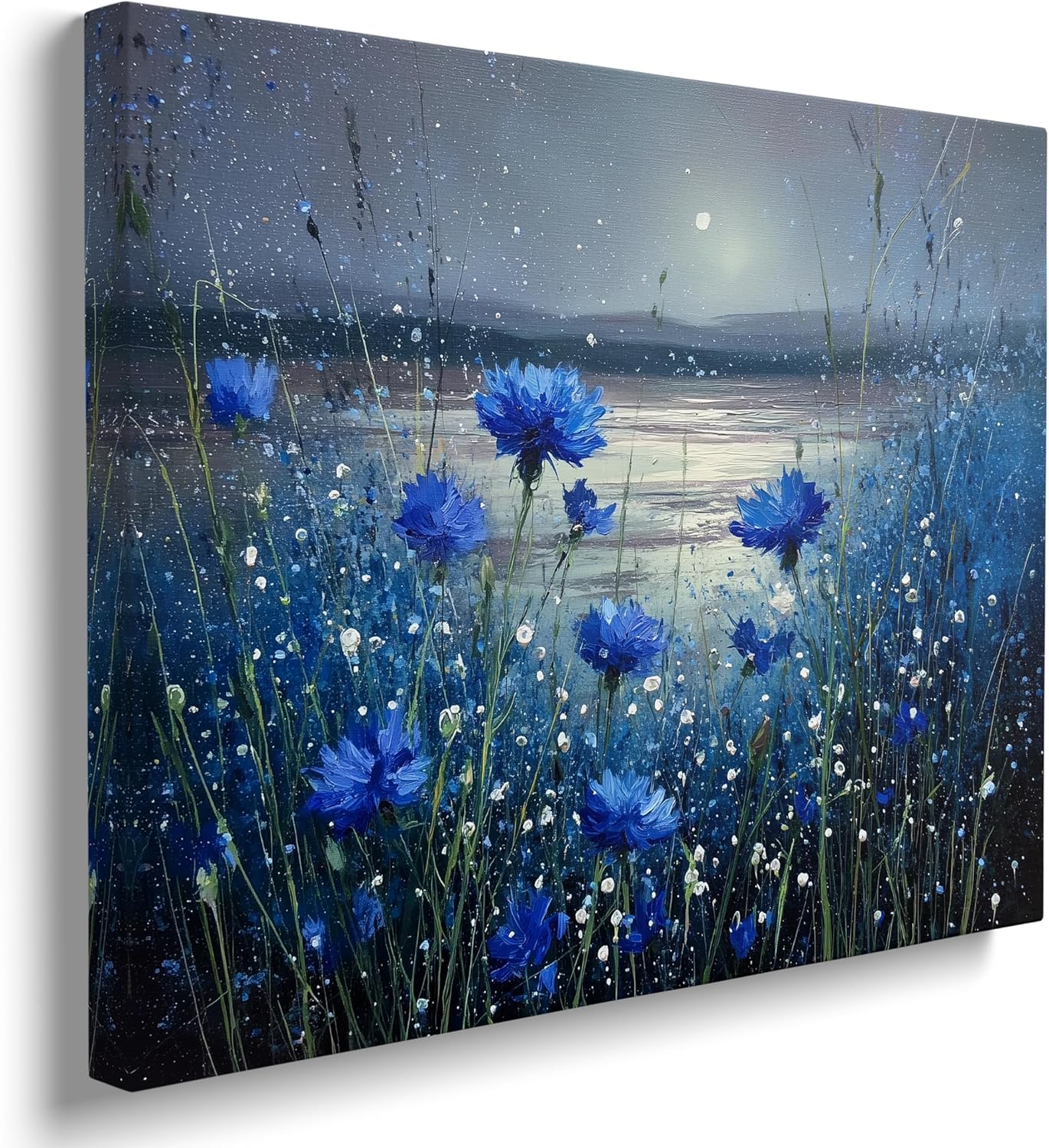Beautiful Blue Cornflowers Moonlit Lake Landscape Canvas Wall Art - Tranquil Nature Home Decor for Living Room & Bedroom Bathroom - HD Waterproof Stretched Framed Art Print Ready to Hang 12x16 Inches