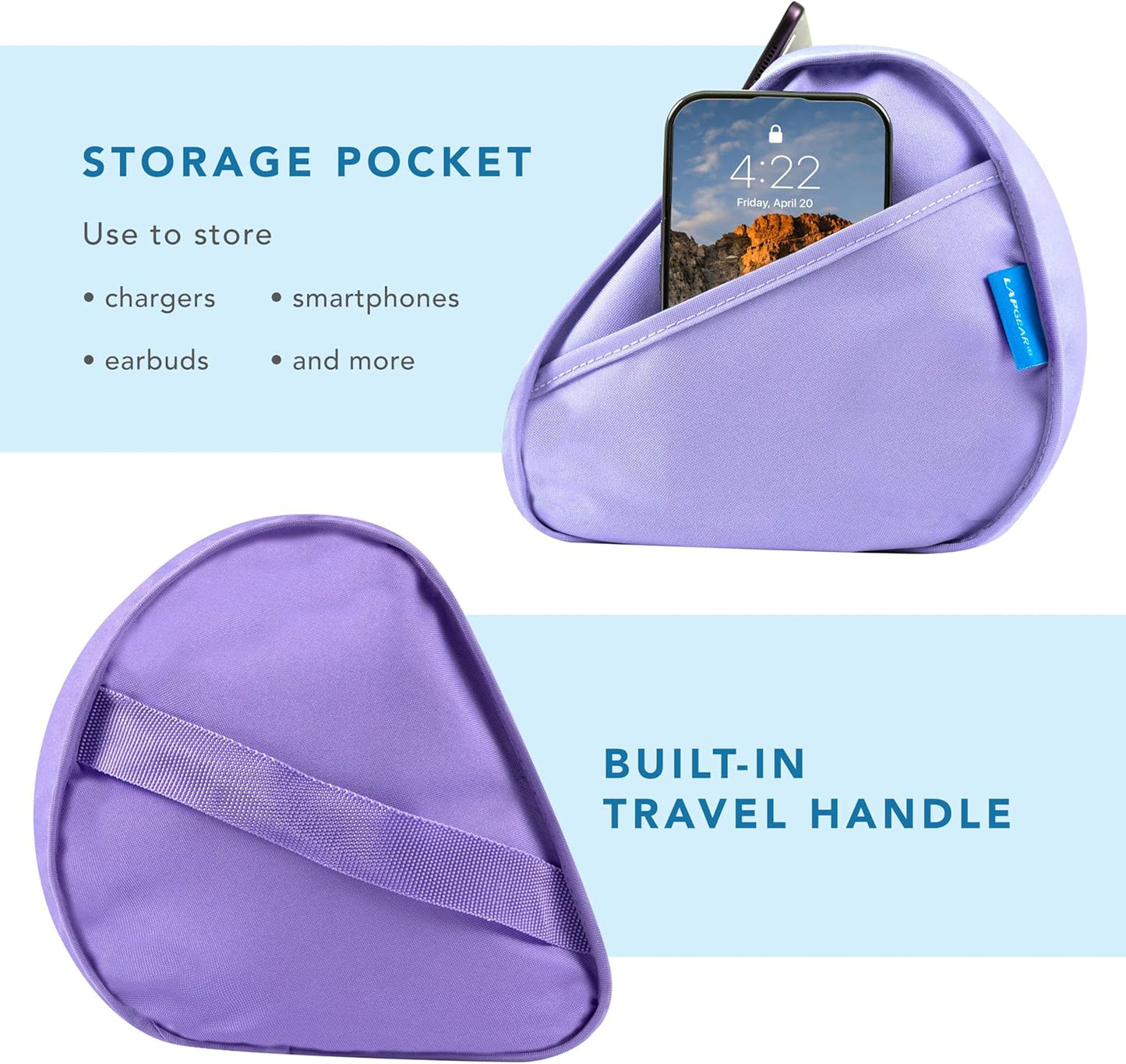 LAPGEAR Tablet Pillow Stand - 11" Slot for iPads, Galaxy Tabs, Kindles, E-Readers & Phones | Cushioned Holder with Storage Pocket & Handle | Purple Amethyst - Style No. 33102