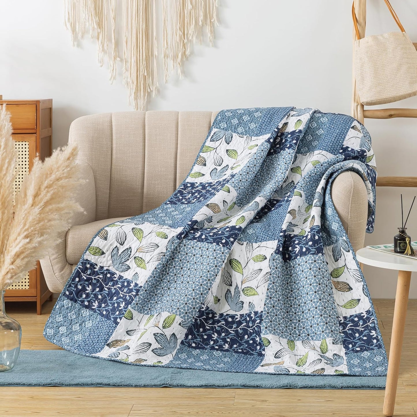 SLPR Pacific Coast 50" x 60" Quilted Throw Blanket, Blue and White Floral Patchwork Throw Quilt for Couch and Bed, Lightweight Lap Quilt