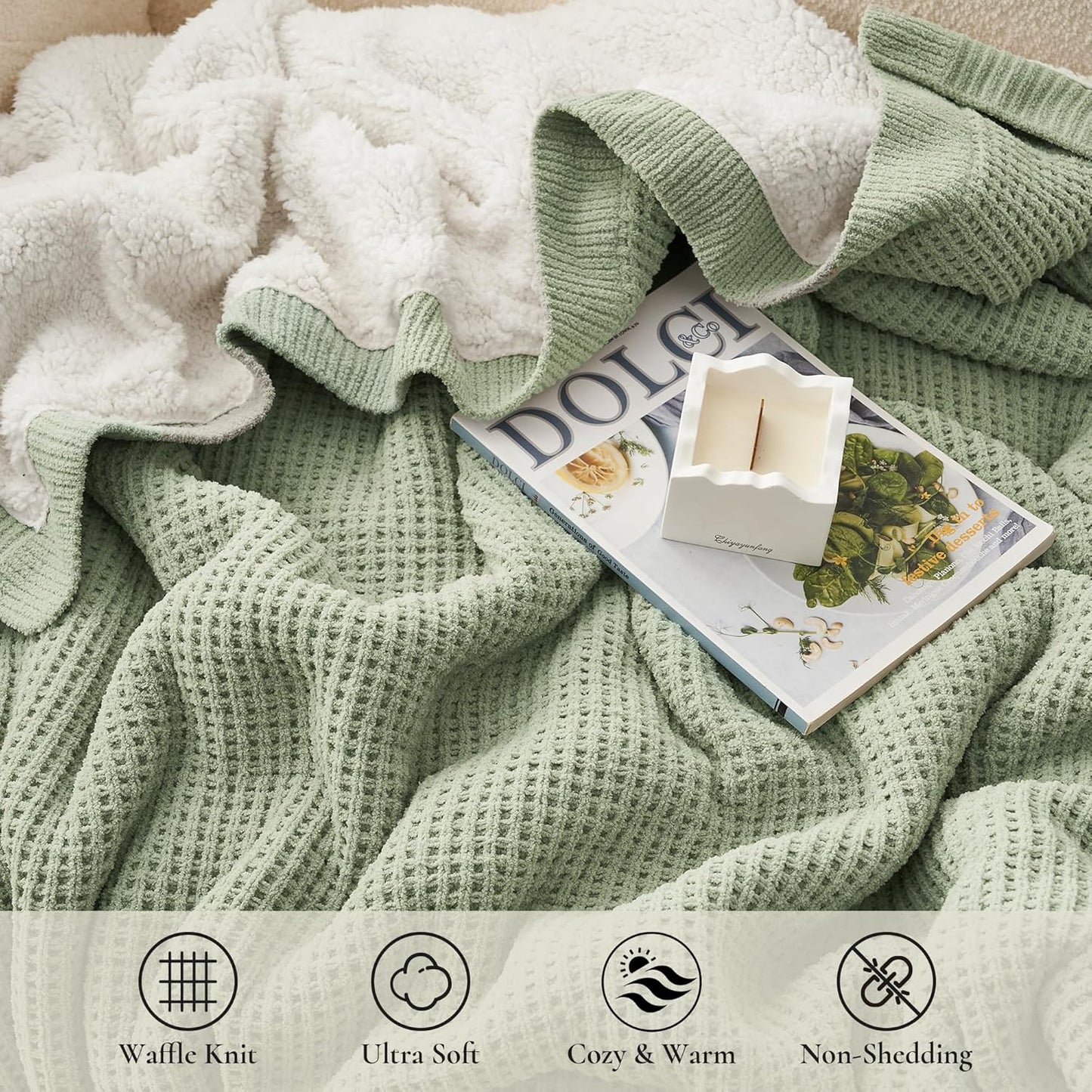 Amélie Home Reversible Waffle Weave Throw Blanket, Chenille Knit with Warm Sherpa, Soft Cozy Blanket for Couch, 50"x60", Sage Green