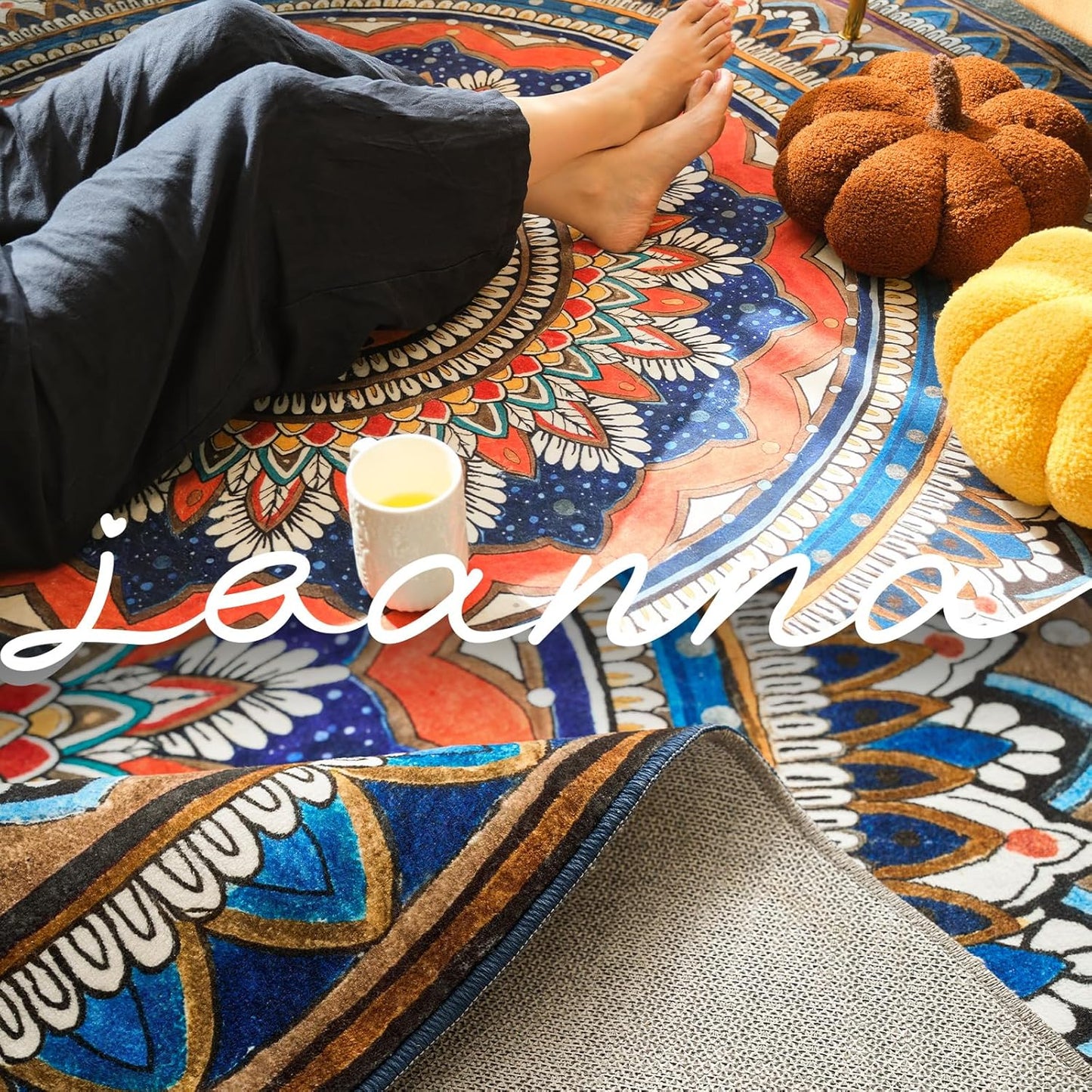 jinchan Mandala Round Rug 8ft Blue Rustic Boho Washable Rug Tribal 8' Round Vintage Peaceful Circle Rug Soft Non Slip Large Low-Profile Carpet for Dining Room Living Room Bedroom Patio, Saffron Blue