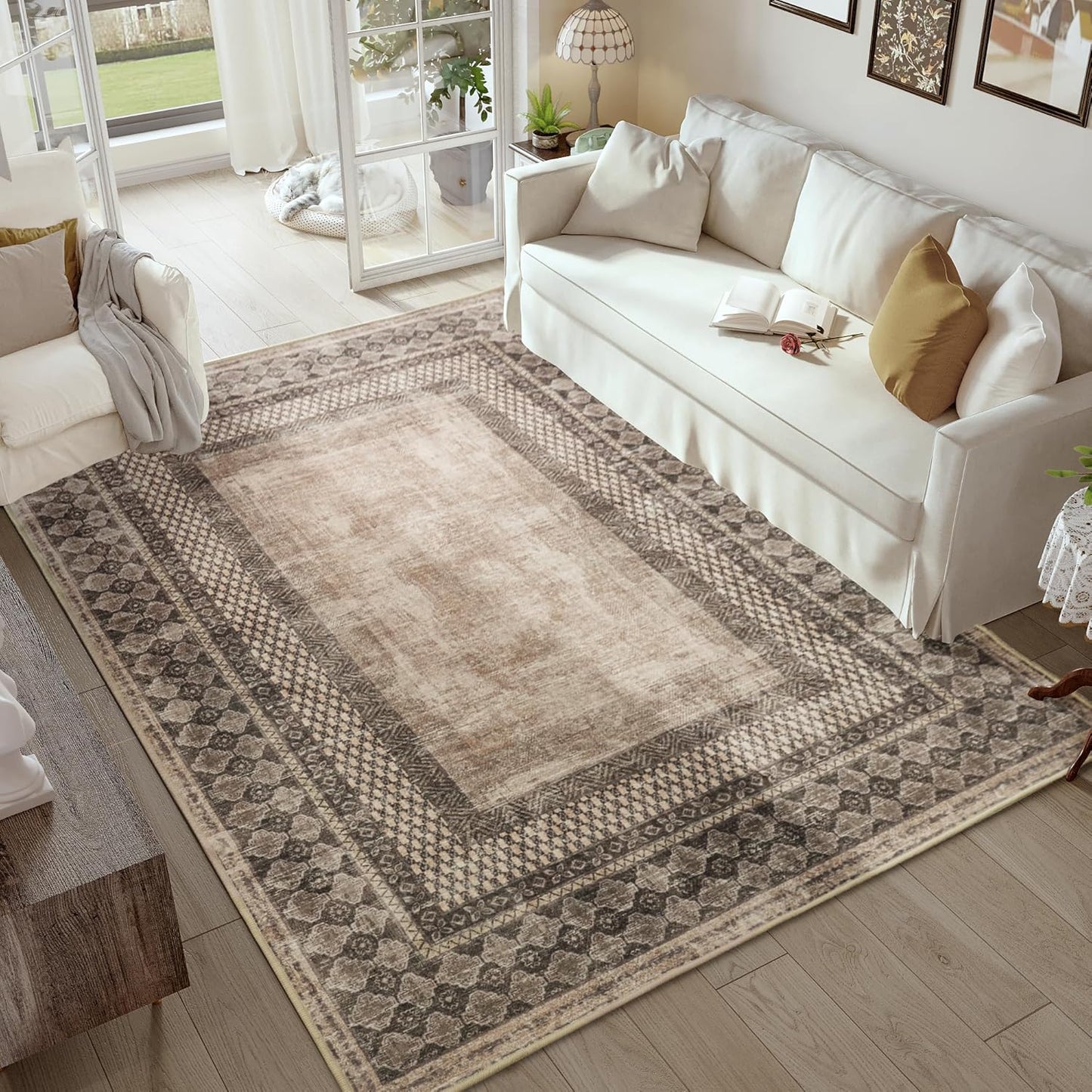 NICETOWN Machine Washable Faux Wool Rugs - 4x6 Area Rugs Ultra-Thin Carpet for Office, Study, Living Room Entryway with Non-Slip Backing, Distressed Large Carpet for Dining Room, Brown