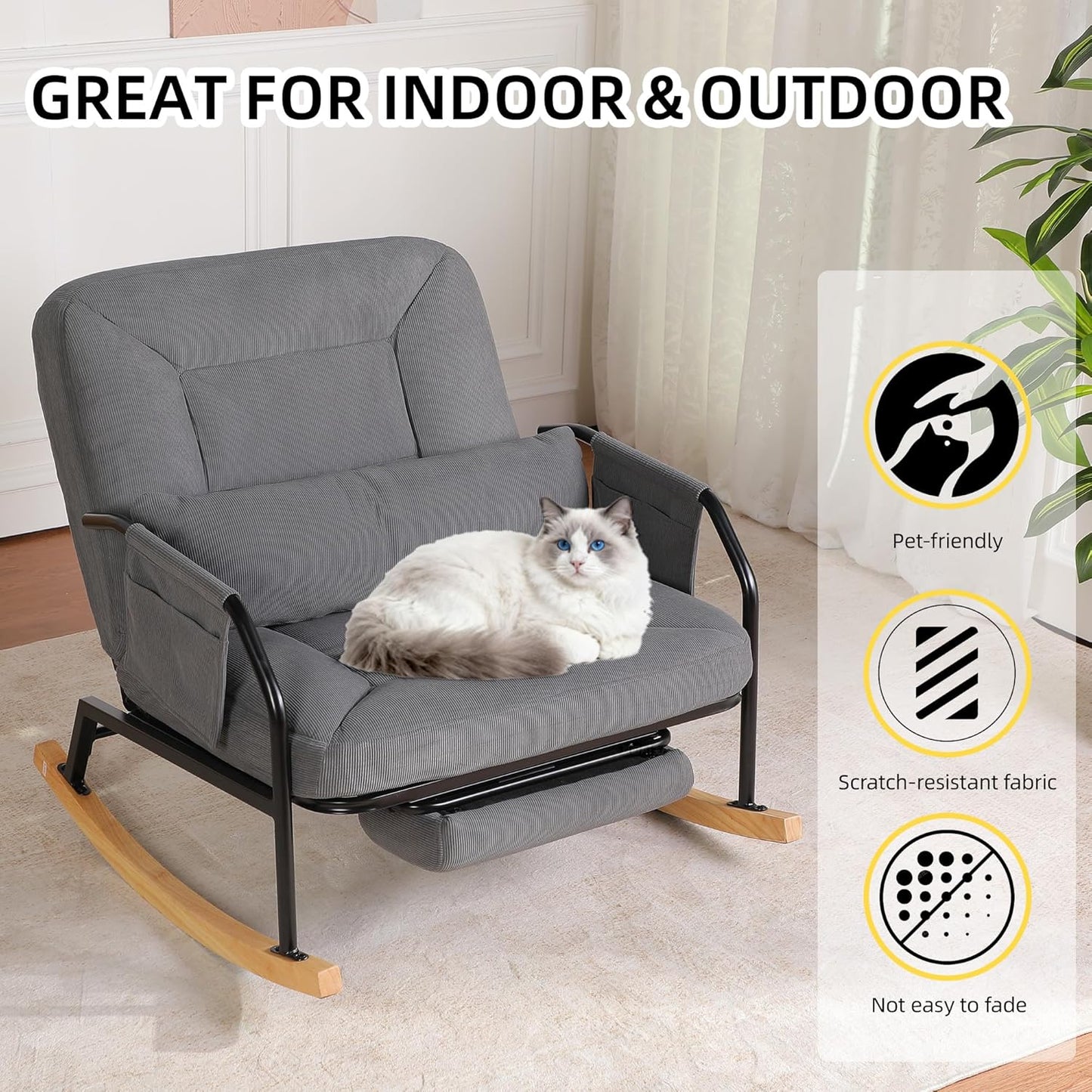 Oversized Reclining Rocking Chair with Foot Rest, 110°–160° Adjustable Backrest, Upholstered Armchair with Side Pocket for Nursery and Living Room, Grey