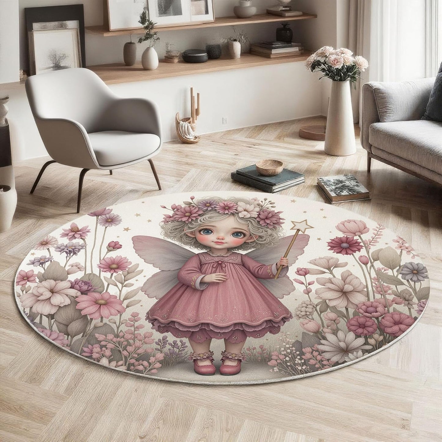 4Ft Round Washable Rug - Large Area Rug for Living Room Dining Room, Pink Gray Soft Bedroom Carpet with Cute Flowers Fairies Pattern, Fairy Tale Illustration Décor, Low Pile Stain Resistant