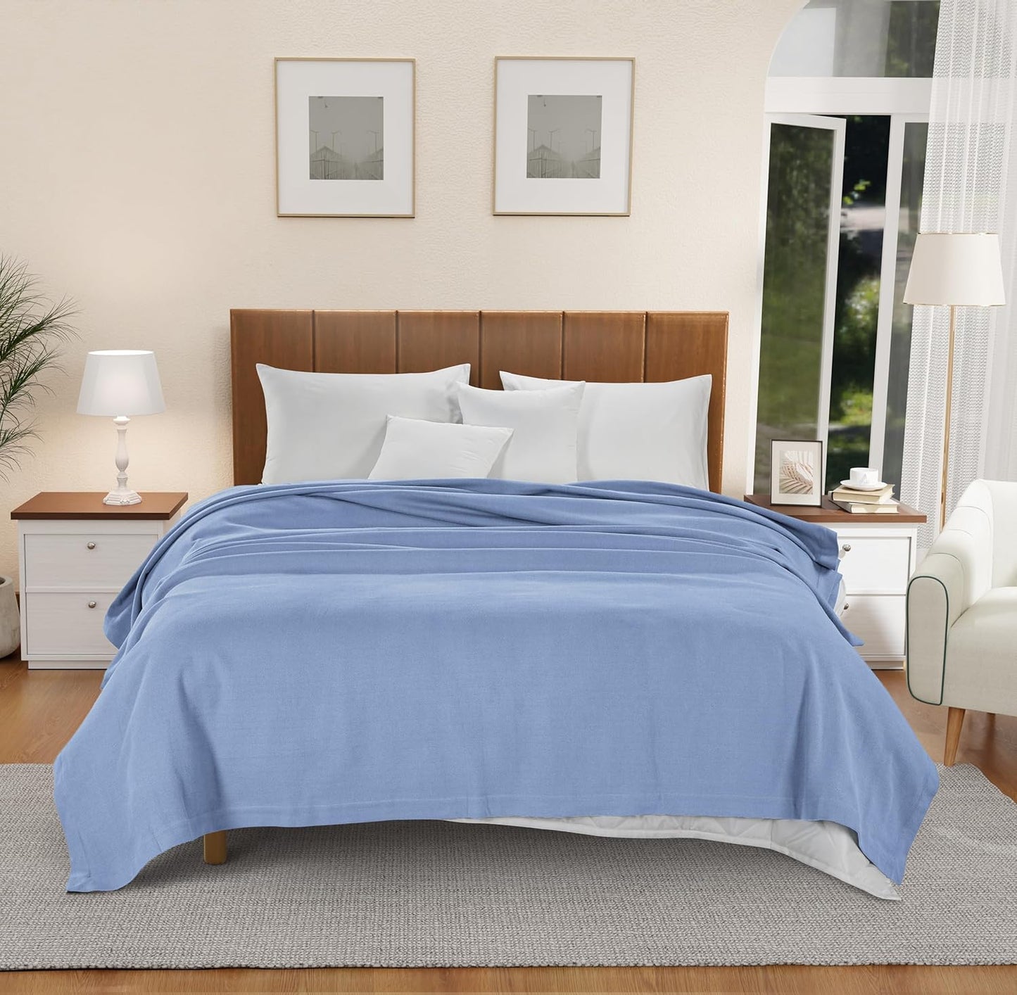 LANE LINEN Queen Blanket for Bed - 100% Cotton, Medium Weight, Soft, Cozy & Durable Bed Blankets - All Weather Use 350 GSM - Designed for Layering or Standalone Use - Oeko-TEX Certified - Light Blue