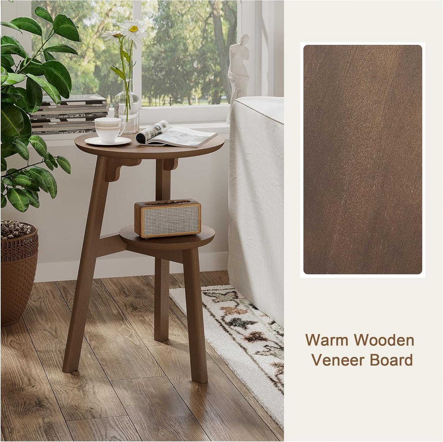 ChooChoo Round End Table for Small Spaces, Narrow Side Table, Accent Table Night Stand with 2 Tier Shelf for Bedroom and Living Room, Walnut