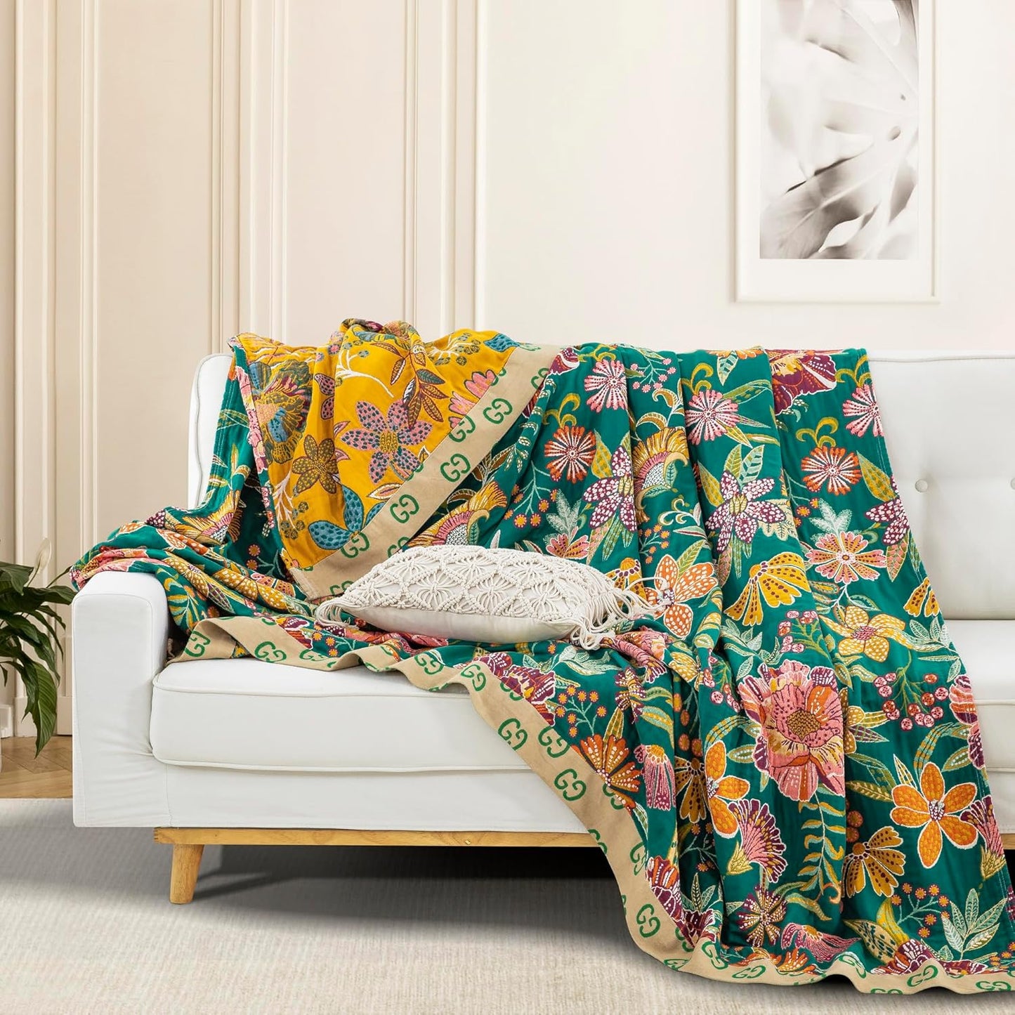 100% Muslin Cotton Throw Blanket for Bed Couch Chair, Bohemian Floral Colorful Retro Quilt Ultra Soft Reversible Gauze Blanket for All Season, 80"x90"