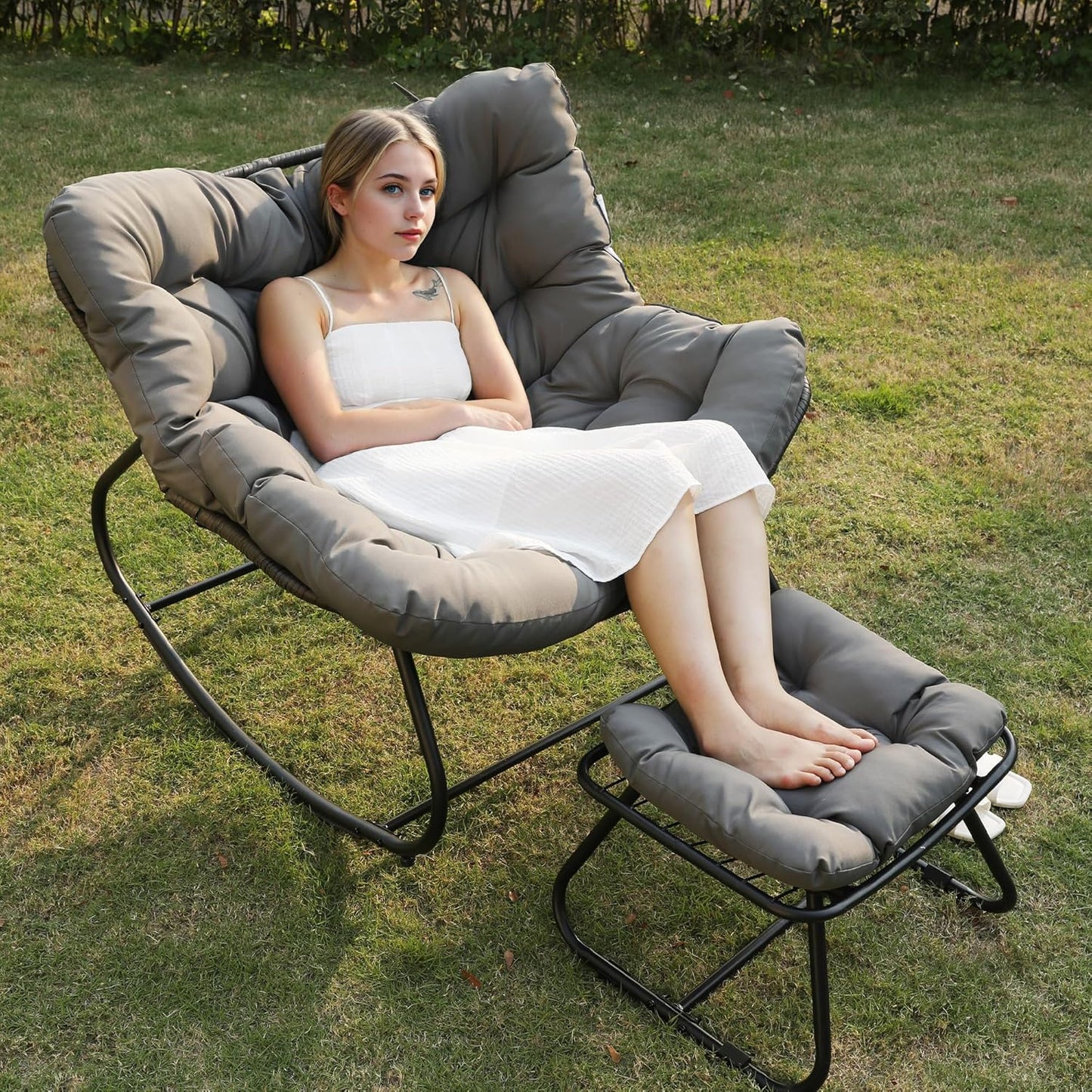 Wisteria Lane Patio Rocking Chair with Ottoman, Outdoor Indoor Rocking Egg Chair with Cushions, Metal Lounge Chair Oversized Papasan Chair, Outdoor Wicker Reading Chair for Porch Garden, Dark Grey
