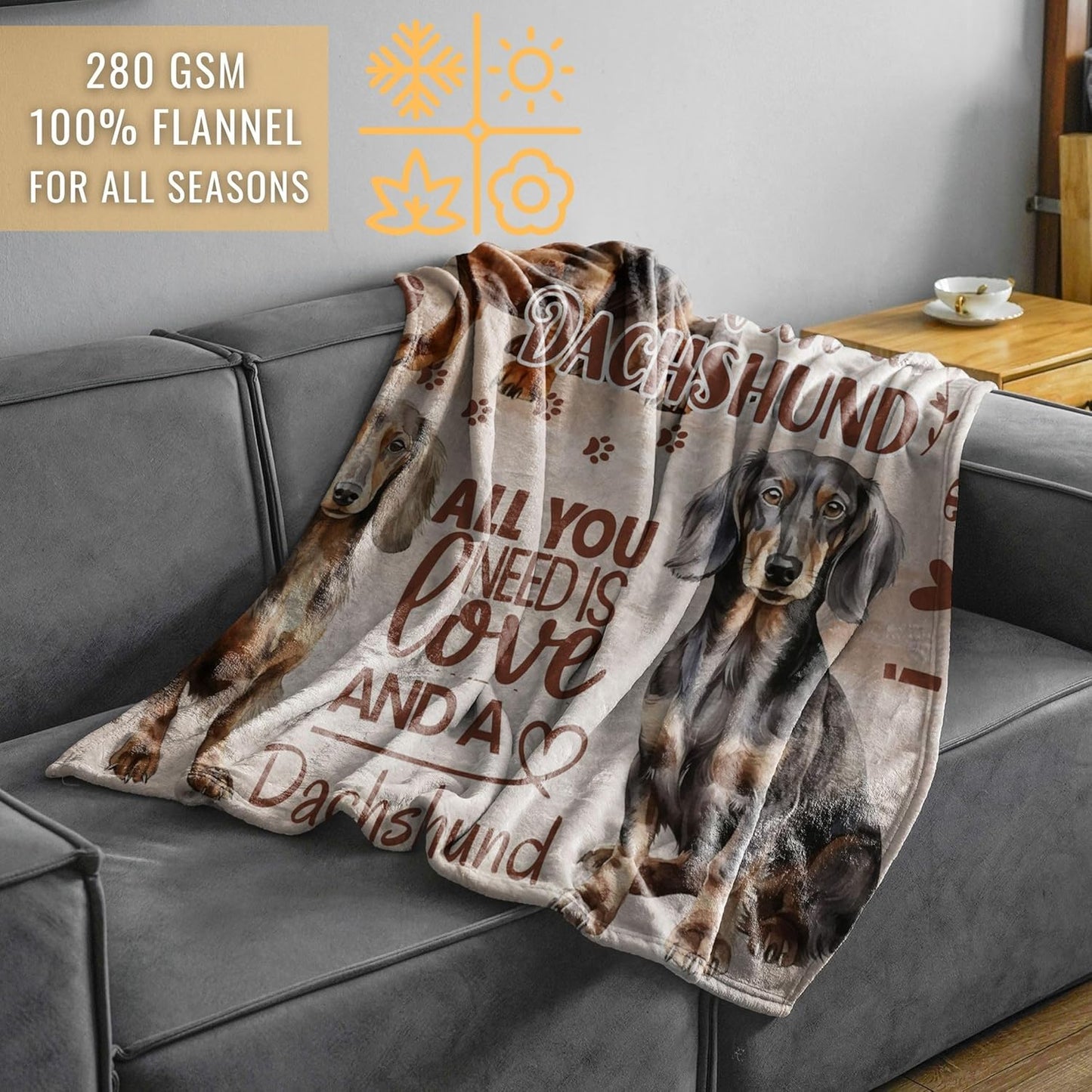 Dachshund Gifts for Women, Weiner Weenie Flannel Throw Blanket for Dog Mom Dad Owner, Beige, 50x65 Inches