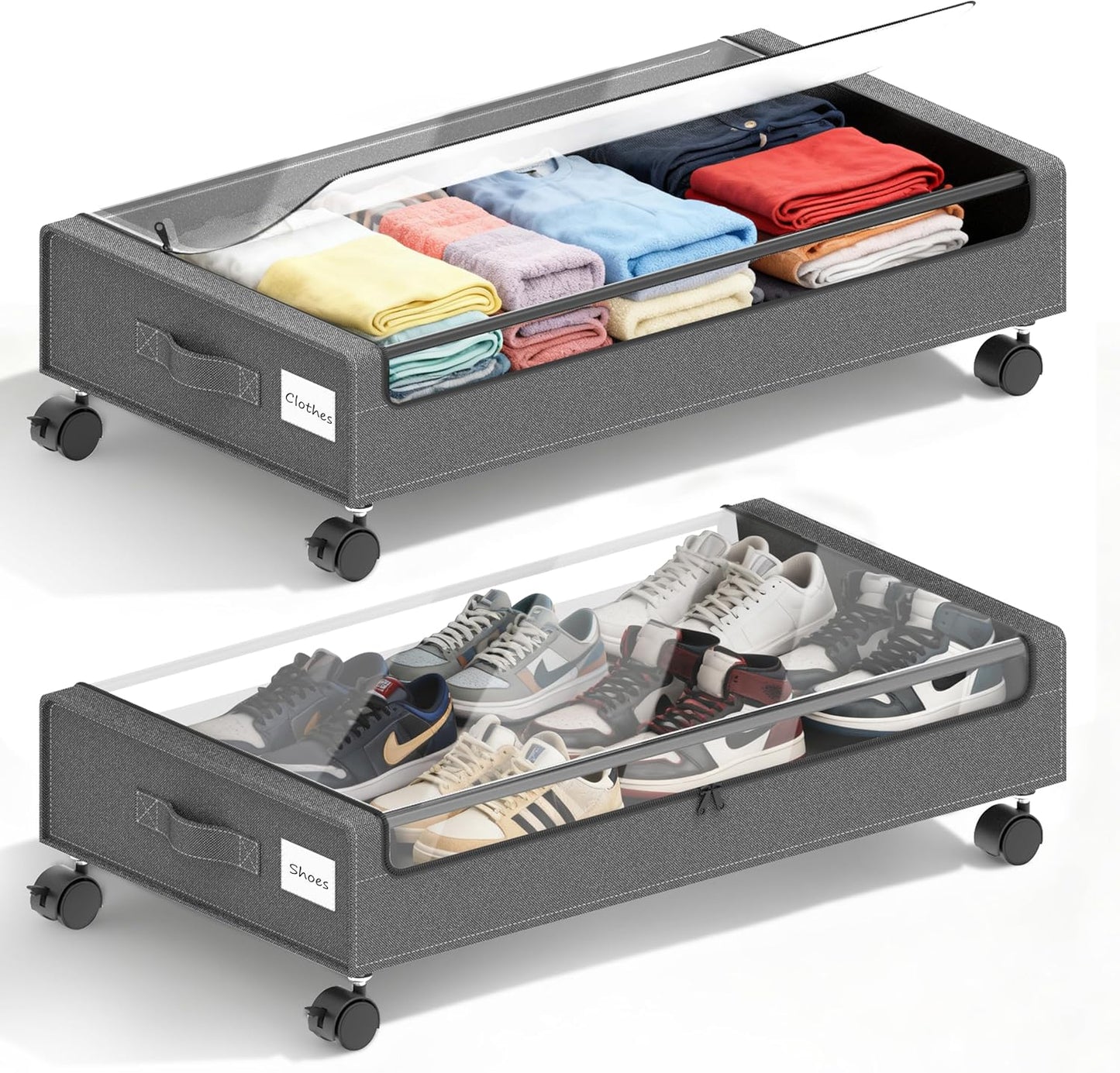 Under Bed Storage with Wheels - 2Pack 60L Underbed Storage Containers with Clear Lid & Label, Rolling Under Bed Storage Bins for Clothes, Shoes, Blankets (XL,Grey)