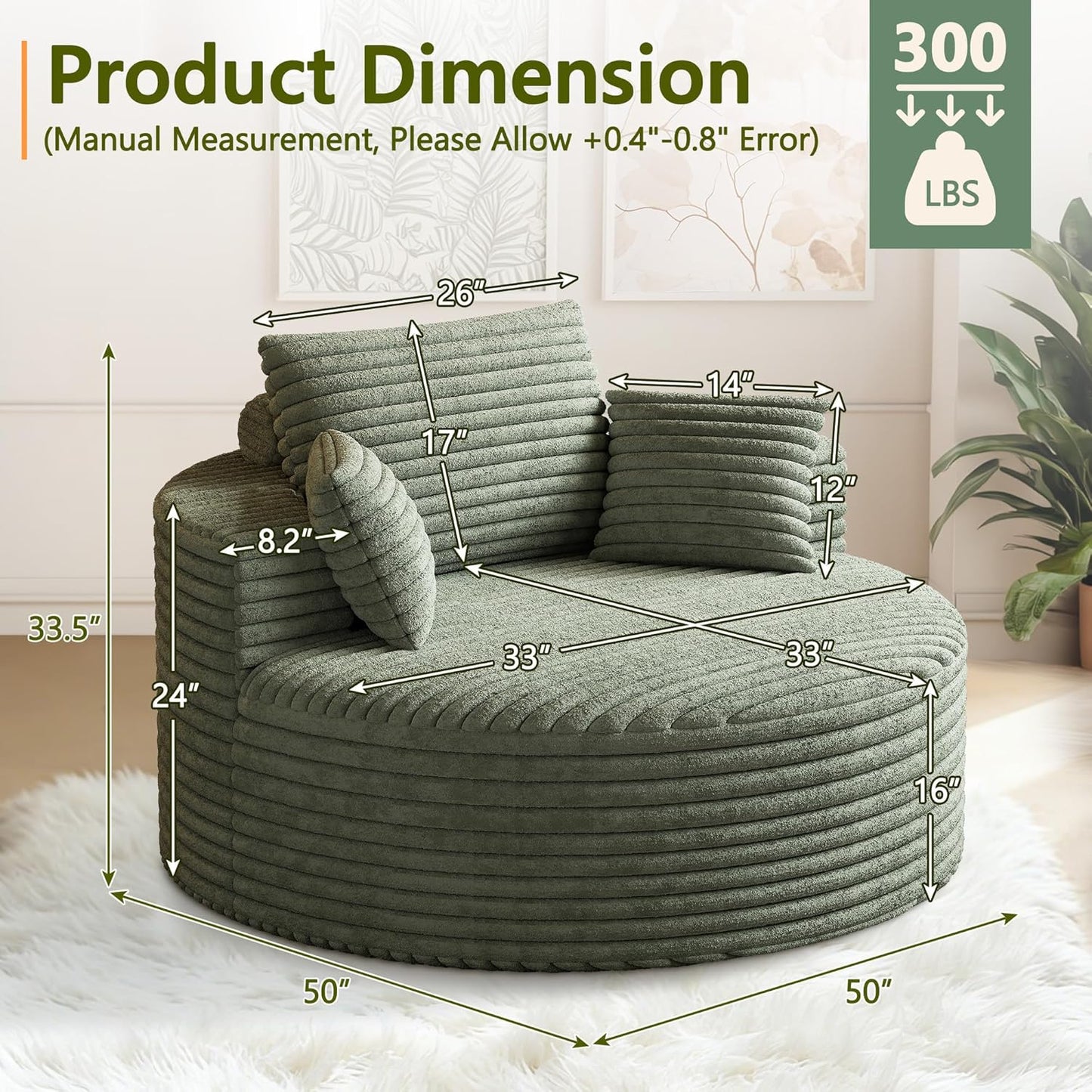 50" Oversized Round Chair Lounge Chaise Indoor, Modern Upholstered Corduroy Cloud Circle Chair with Deep Seat, Comfy Fluffy Sleeper Sofa for Reading, Living Room, Bedroom, No Assembly, Green