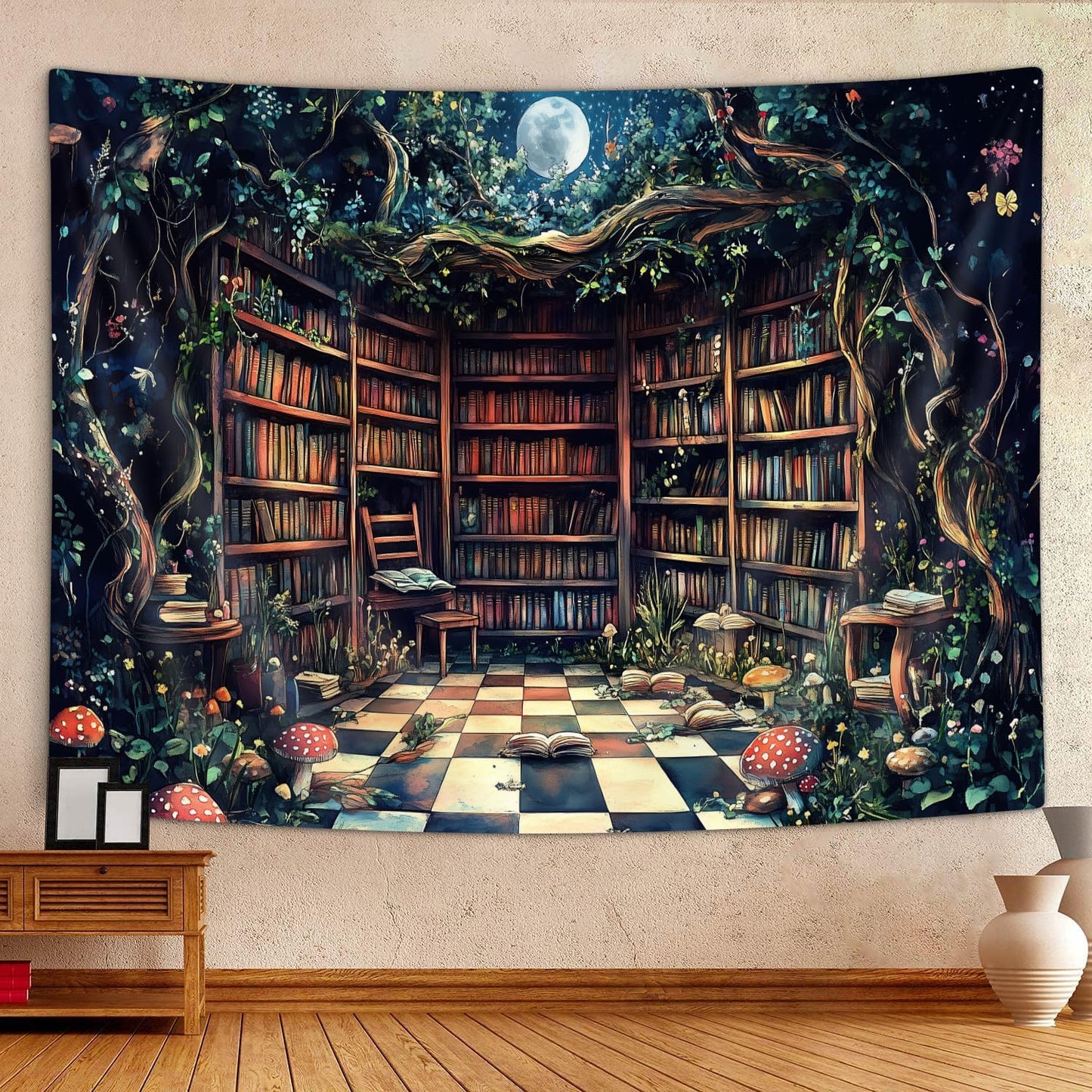 JAWO Fantasy Forest Tapestry Aesthetic, Witchy Fairy Mushroom Moon Vintage Library Nature Tapestry Wall Hanging for Bedroom, Dark Retro Magical Bookshelf Tapestries Poster Dorm Home Decor 90X70Inches