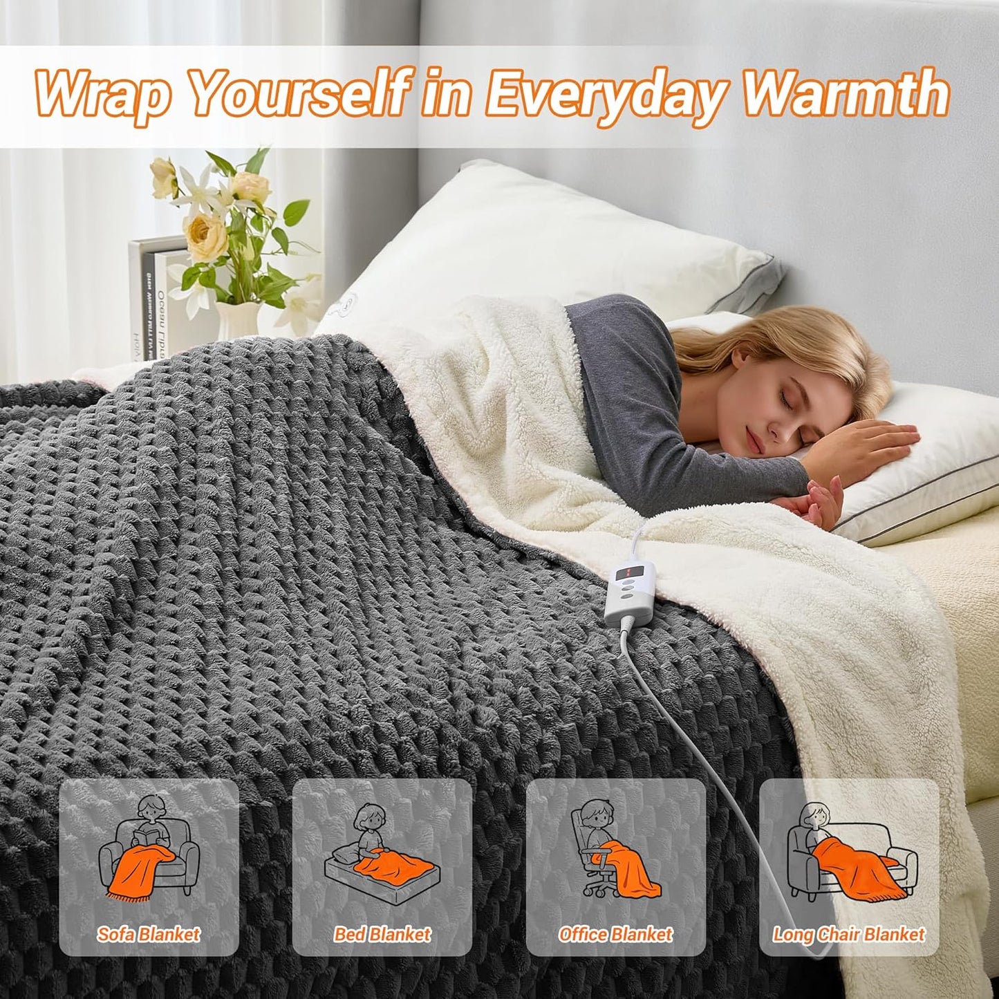 GarveeHome Heated Blanket Electric Blanket King Size 90 in x100 in, w/Dual Control,10 Heating Levels & 10 Hours Auto Shut Off, Cozy Soft Fleece Fast Heating Blankets Gift, Machine Washable, Grey