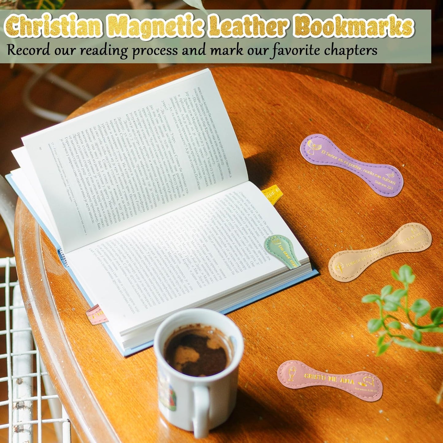 Yopyame Christian Magnetic Leather Bookmarks - 6PCS Inspirational Spanish Bible Bookmarks Christian Gifts for Men Women Book Lover Page Markers for Readers Teens Adults School Office Home Supplies