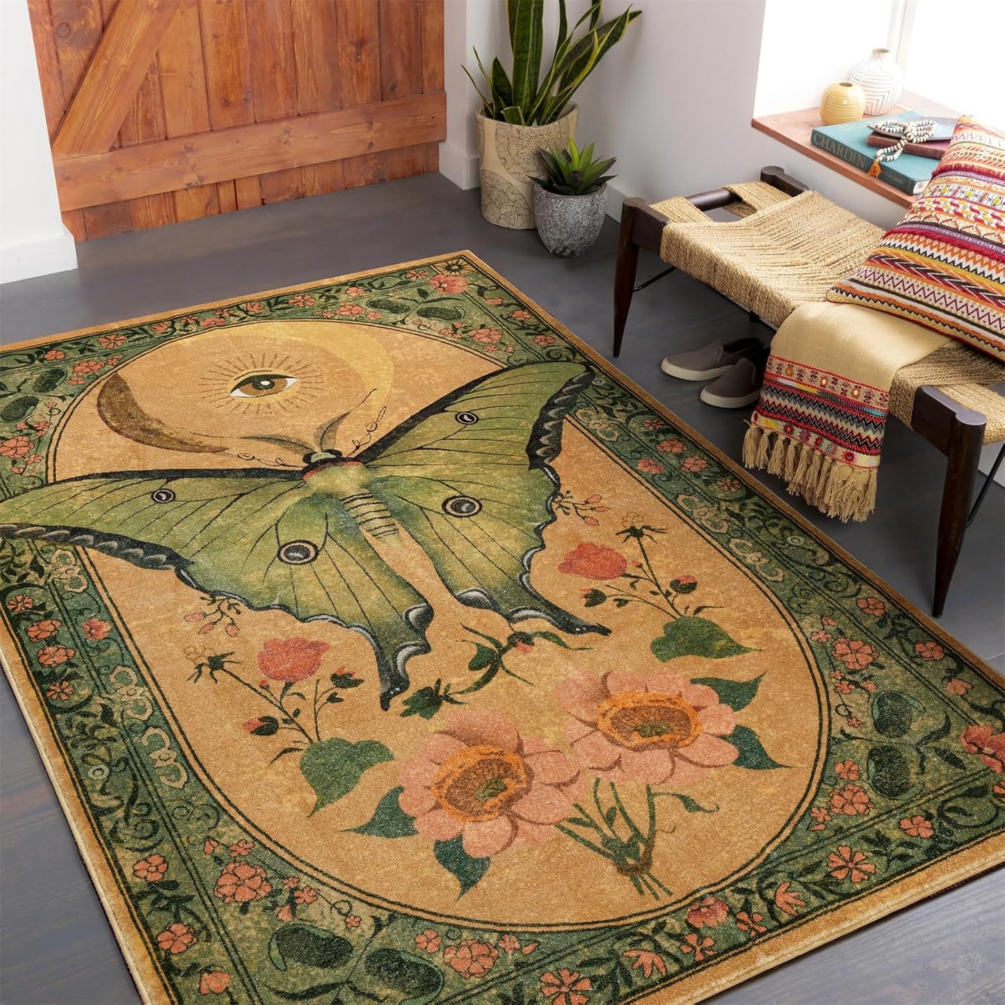 RoomTalks Country Floral Entryway Rug Non Slip Washable Luna Moth 5x7 Indoor Area Rug, Vintage Abstract Cute Aesthetic Cottagecore Accent Rug Carpet for Bedroom Dining Living Room Dorm Kitchen