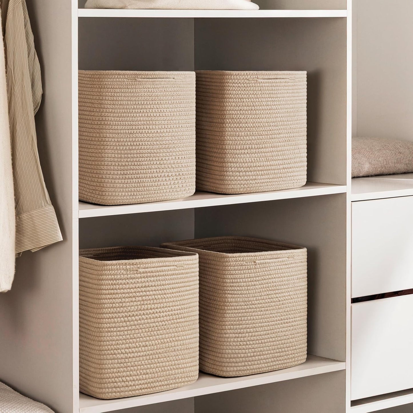 joybest 13x13x13 Inch Cube Storage Bins Set of 4, Cotton Rope Woven Organizer Basket for Shelves, Cube Bin Square Shelves Organizer Closet Storage, Nursery, Toy Organization, Brown