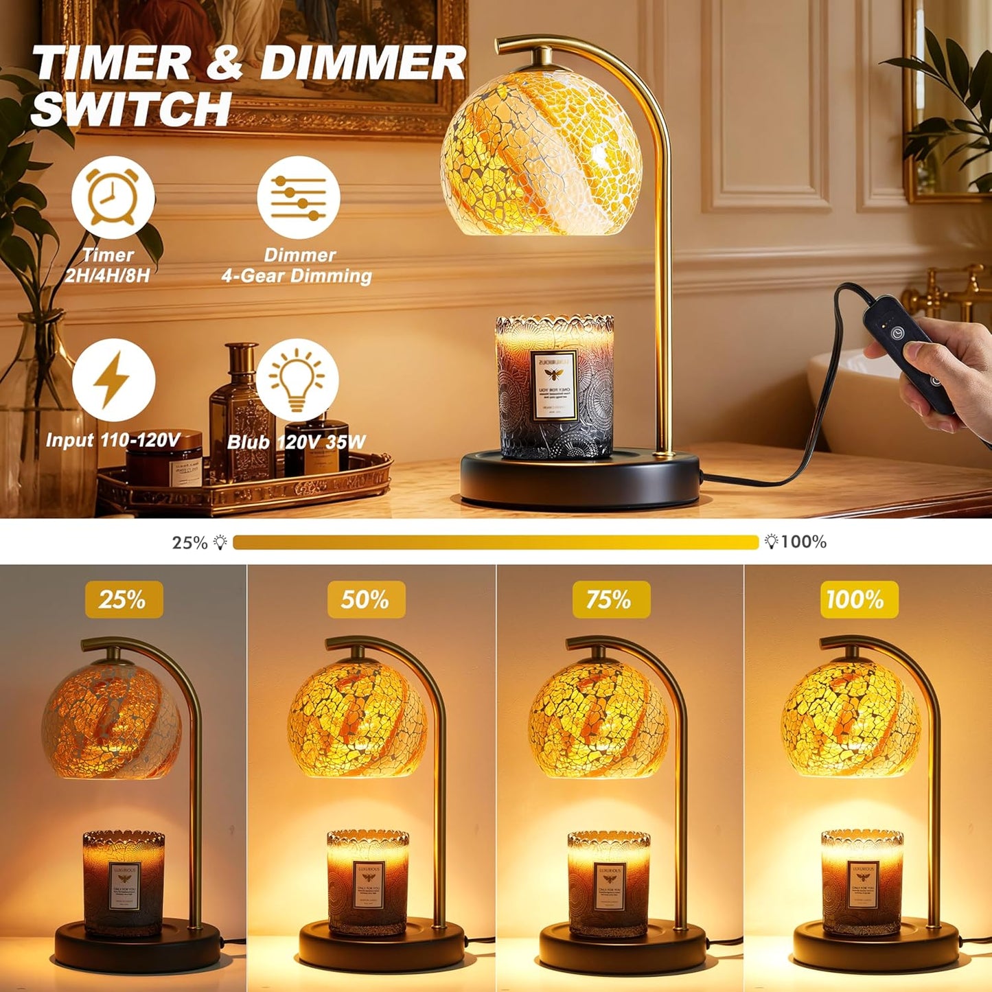 Womens Gifts for Christmas Candle Warmer Lamp, Dimmable Scented Wax Melt Warmer with Timer, Housewarming Gifts for Home Bedroom Decor, Xmas Birthday Gifts for Mom, 2 Bulbs, White+Gold