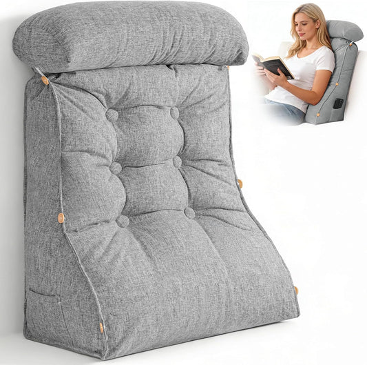 23" H Bed Wedge Reading Pillow with Adjustable Headrest, Reading Pillow for Sitting in Bed Couch Adult Backrest Pillow for Neck Back Lumbar Support with Removable Washable Cover Dark Gray