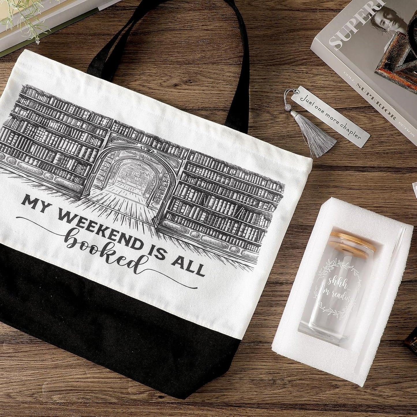 Inbagi 3 Pcs Book Lover Gift, Book Club Accessories, Bookish Gifts for Readers Librarians Bookworms Teachers Friends Cute Birthday Gift, 1 Canvas Tote Bag, 1 Metal Bookmark and 1 Glass Cup