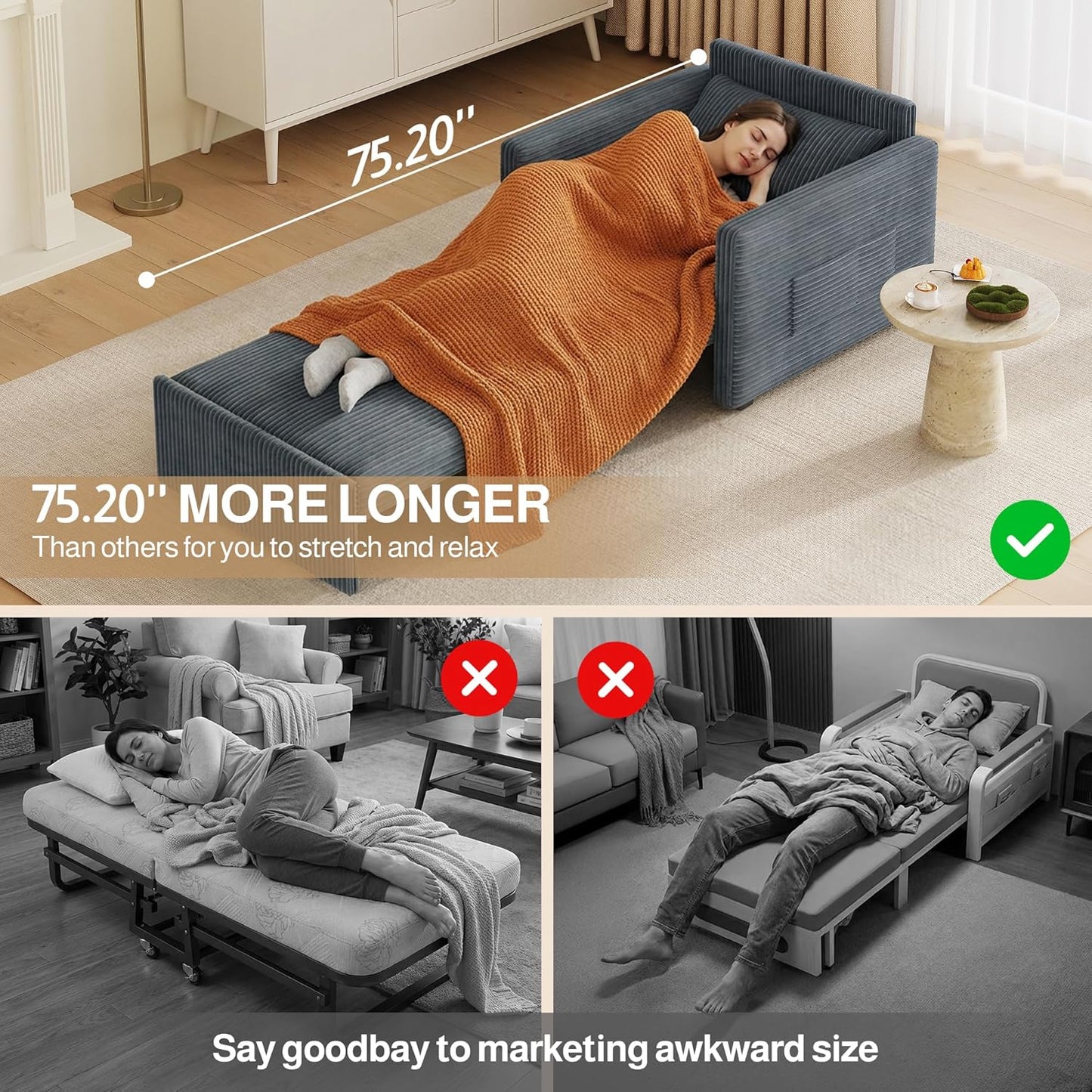 Ahomly 3 in 1 Pull Out Sleeper Chair, 75.2" Long Convertible Sofa Bed for Adults, Corduroy Armchair Chair Bed & Single Sleeper with Pillow for Dorm/Bedroom, Dark Grey