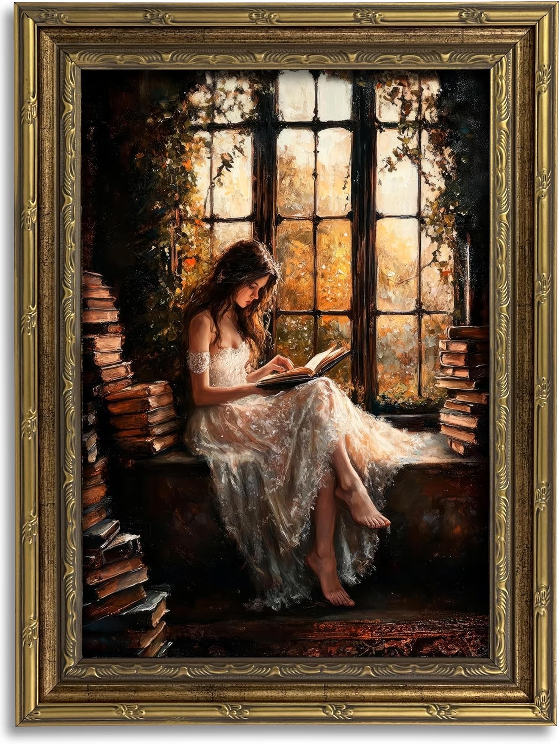 Gold Framed Canvas Wall Art, Vintage Woman Reading Book Painting Picture Wall Decor, Dark Victorian Preppy Poster Print Artwork for Bedroom, Living Room, Study Office, Home Decoration 9x11inch
