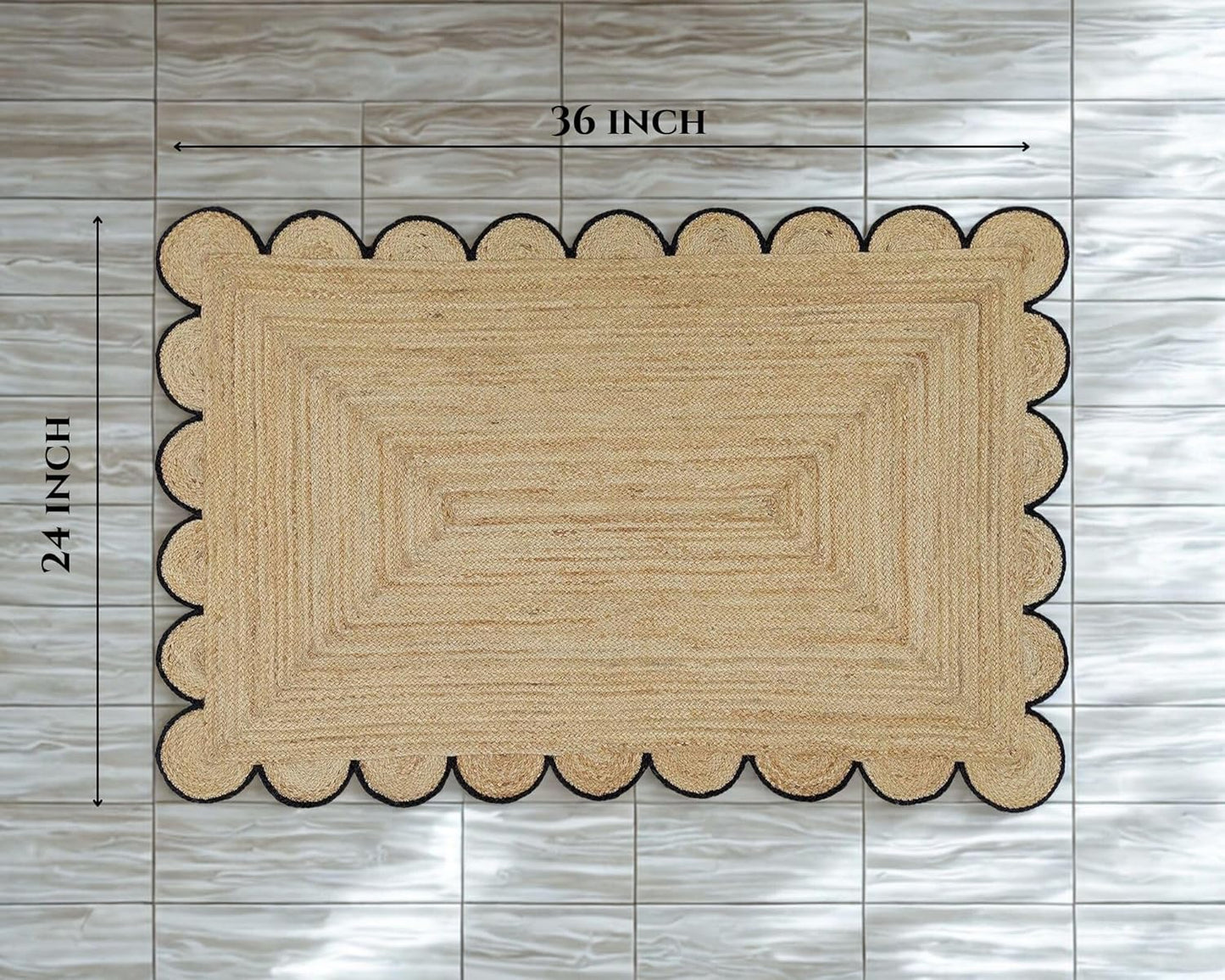 Scalloped Jute Area Rug – 2x3 Ft Natural Handwoven Rug with Black Trim – Farmhouse Boho Entryway Accent Rug Indoor Rectangular Braided Rug for Living Room Thanksgiving Christmas