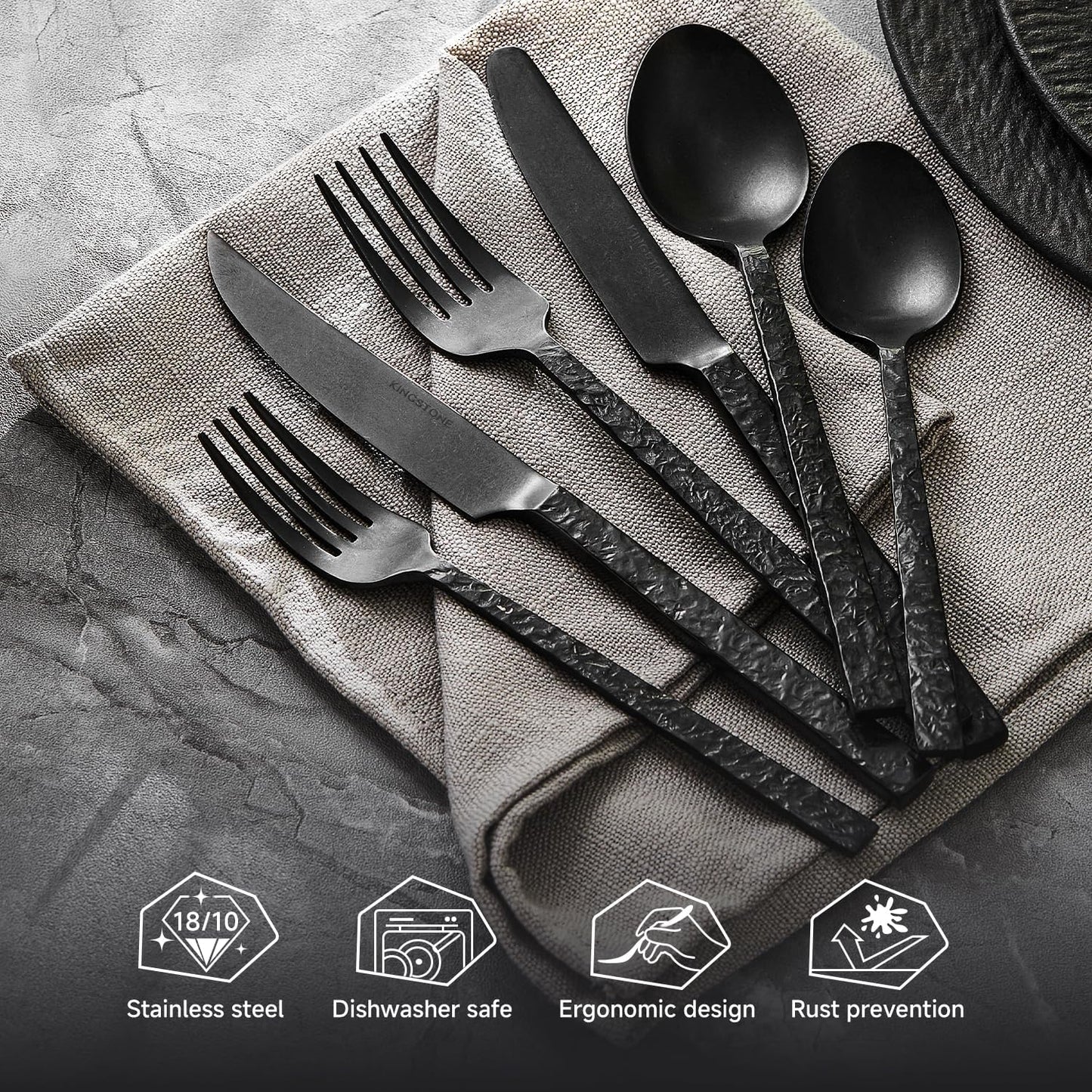 KINGSTONE 48 Pcs Black Hammered Silverware Set with Steak Knives for 8, 18/10 Stainless Steel Heavy Duty Flatware Set, Tableware Cutlery Utensil Sets for Home Restaurant Dishwasher Safe