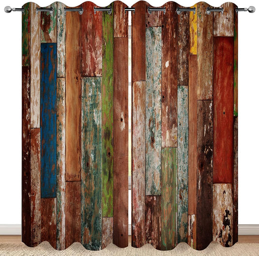 MissHope Rustic Wood Barn Door Blackout Curtains Village Wooden Home Decor Vintage Farmhouse Country Colorful Plank Decorate for Bedroom Living Room Grommet Window Drapes 2 Panel Set, 52x84 Inch