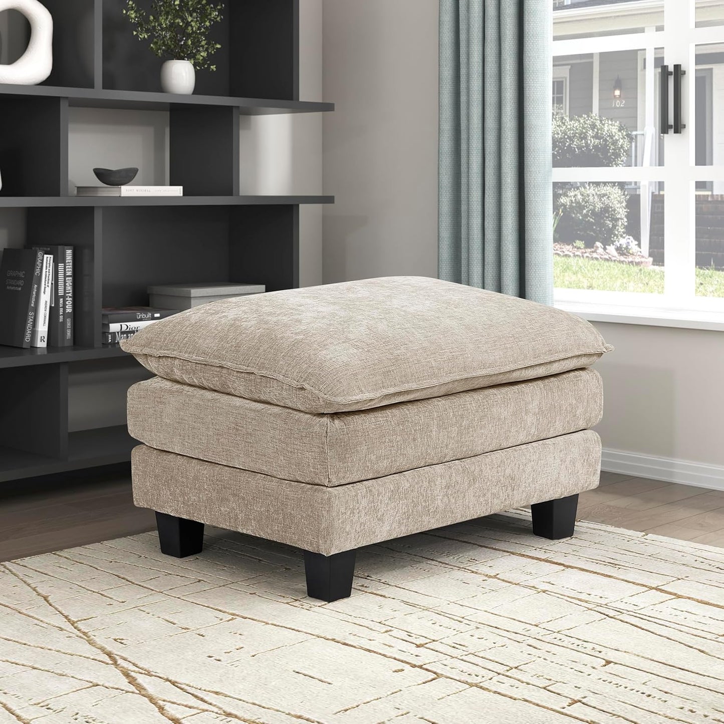 Lexicon Chenille Upholstered Rectangle Ottoman, Foot Stool, Black Faux Wood Feet, Durable Frame, Large Padded, Modular Sectional Couch Add Ons for Living Room, Bedroom, Assembly Required, Light Taupe
