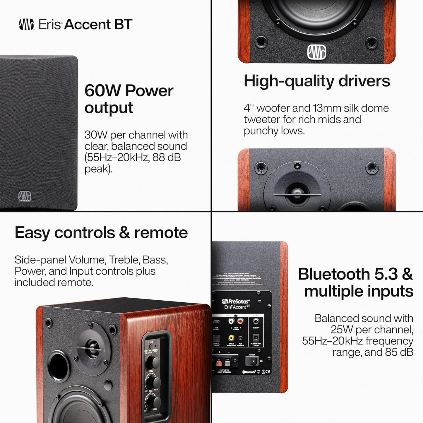 PreSonus Eris Accent BT 60W Powered Bookshelf Bluetooth Speakers – Studio Monitors for Turntable, Home, 4" Woofer, Silk Tweeter, USB-C, Optical, RCA, Coax, Remote, Sub Out, Wired Option, Wood Grain