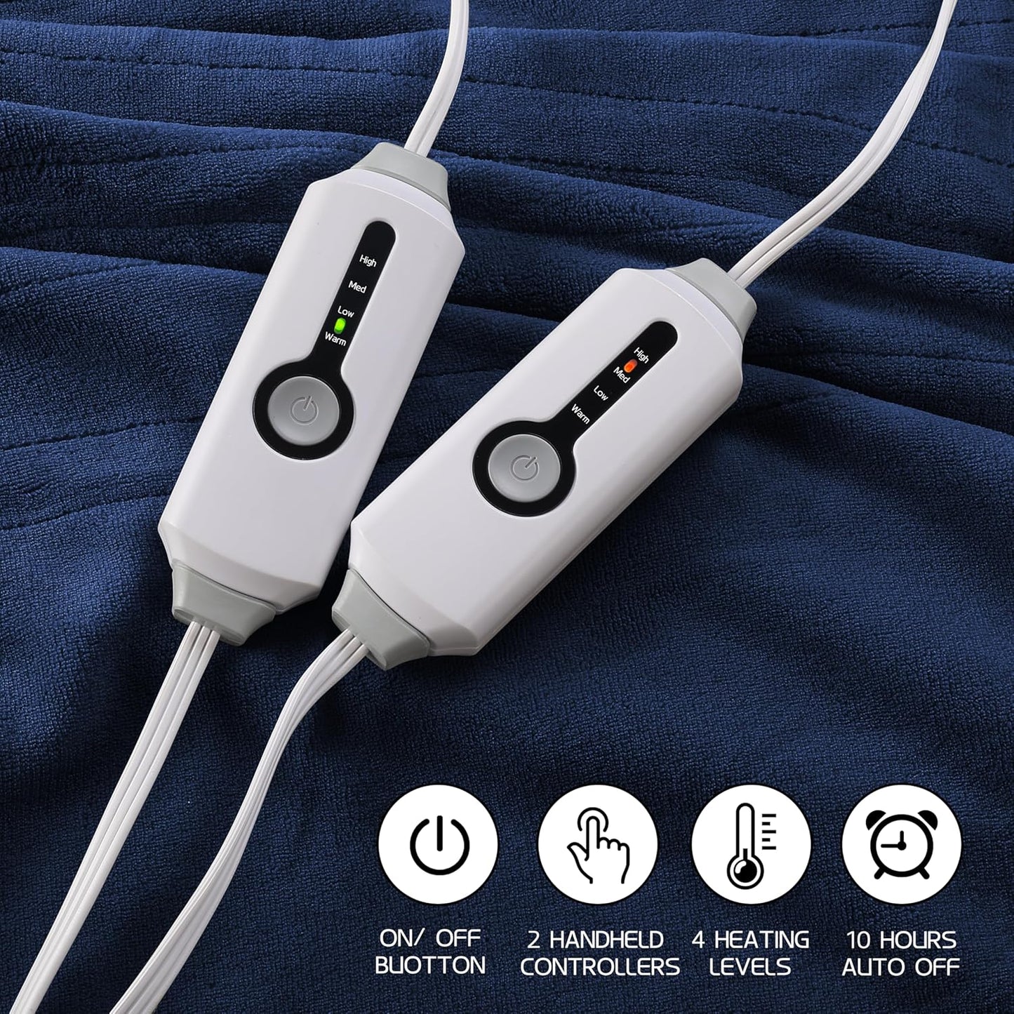 Electric Heated Blanket 90"x100" King Size, Soft Coral Fleece, Dual Controllers with 4 Heating Levels and 10 Hours Auto-Off, Machine Washable, Cozy Plush Fabric for Home, Dark Blue