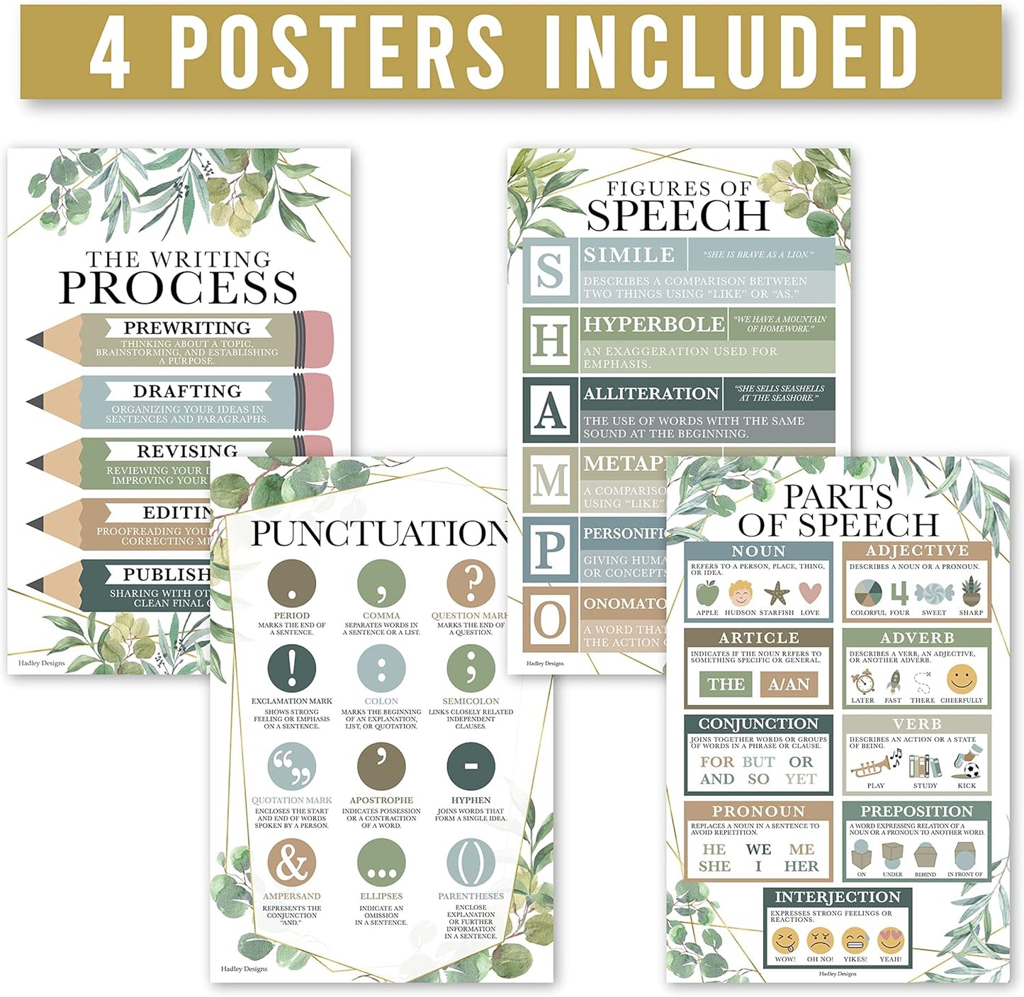 Hadley Designs Parts of Speech Posters For Classroom -4 English Grammar Posters, Writing Process Punctuation Nouns Verbs Adjectives, Language Arts Elementary Middle School, Greenery Classroom Decor
