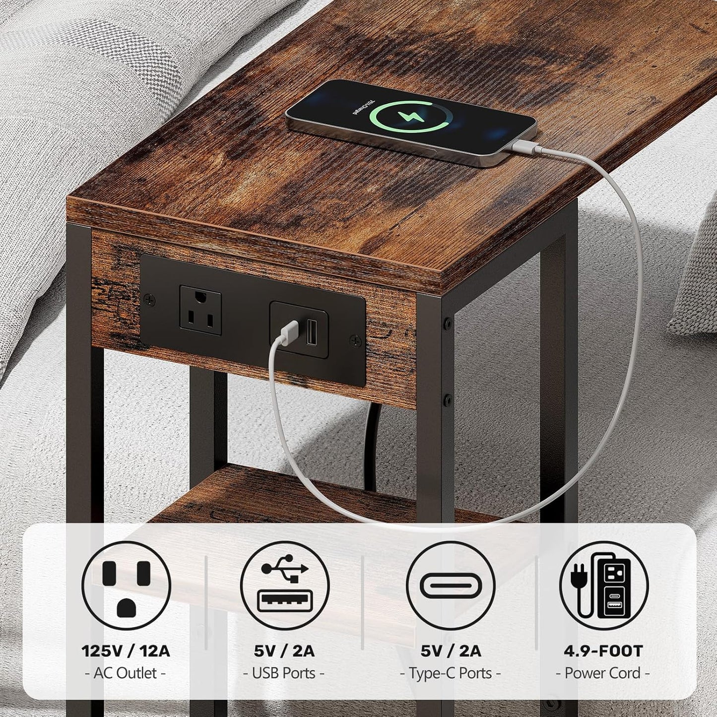 C-Shaped End Table with Charging Station — 3-Layer, Storage Bag, AC Outlet, USB Ports, Slide-Under Sofa Desk
