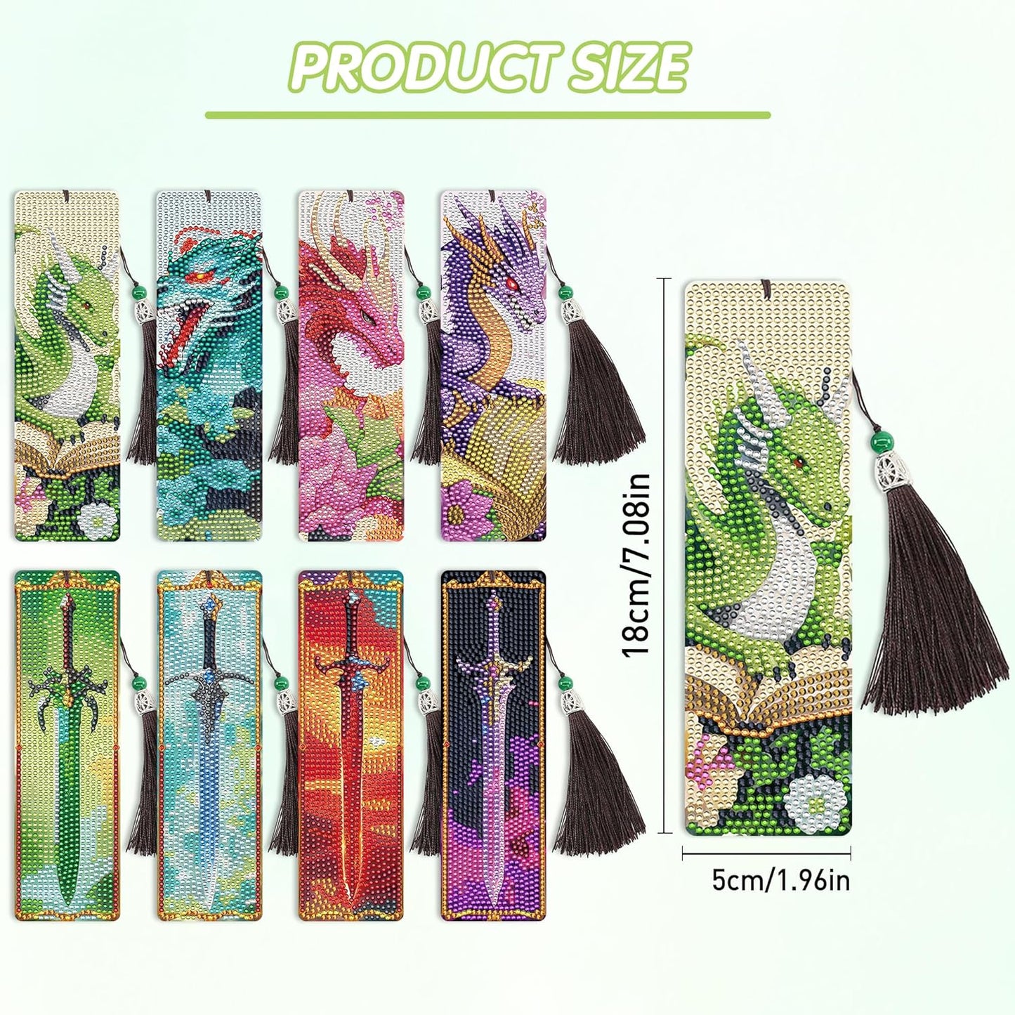8 Pcs Dragon Sword Diamond Art Bookmarks Kit, Fantasy Diamond Painting Book Marks Kit with Tassels for Adults Beginners, DIY Bookmark Making Kit for Reading Men Boys Boook Lovers, Bookish Gifts