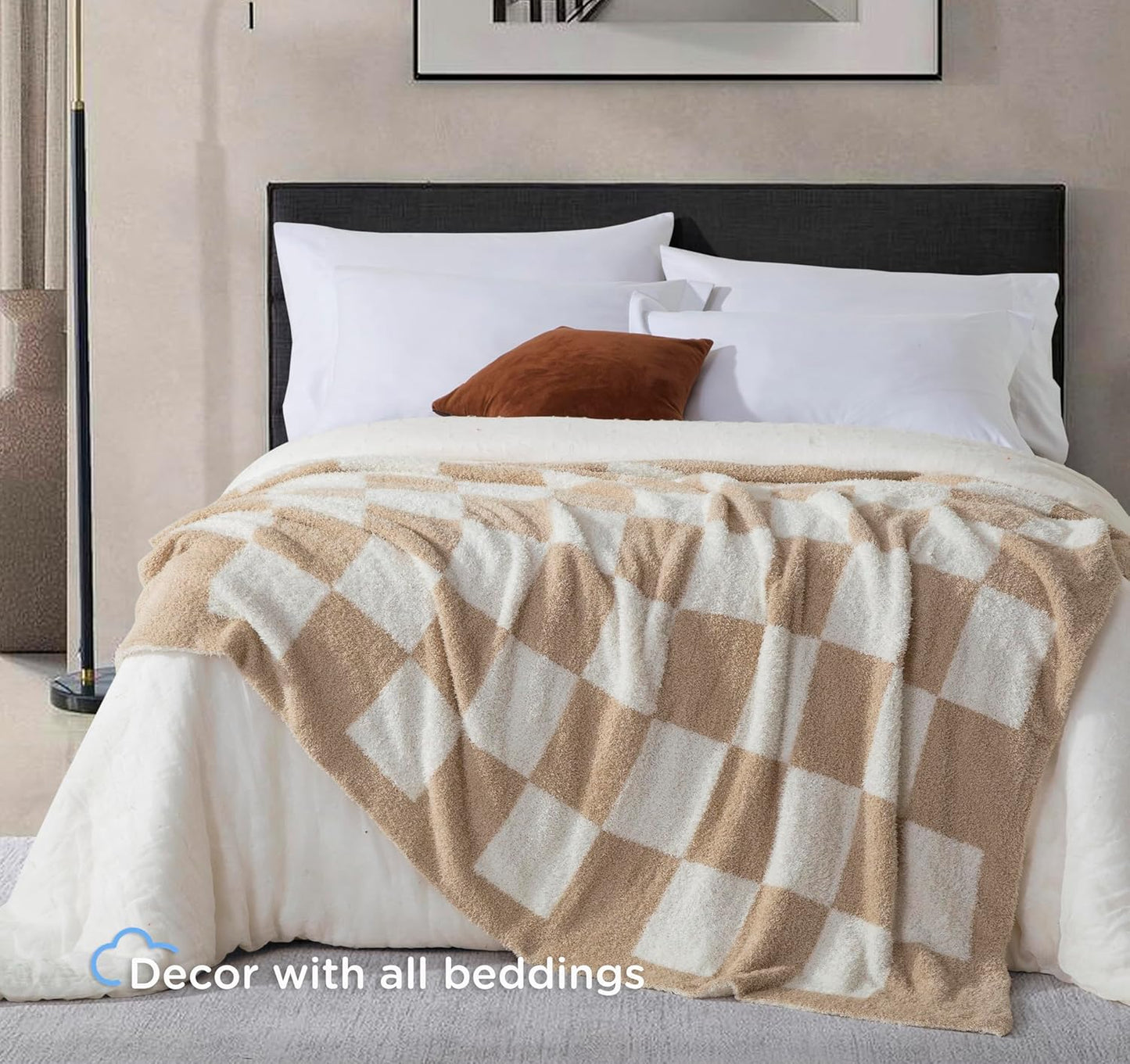 Checkered Fall Throw Blanket for Couch - Super Soft Knit Bed Blanket， Fluffy Fuzzy Plush Lightweight Cozy Blankets for Sofa ，Light Brown，50" x 60"