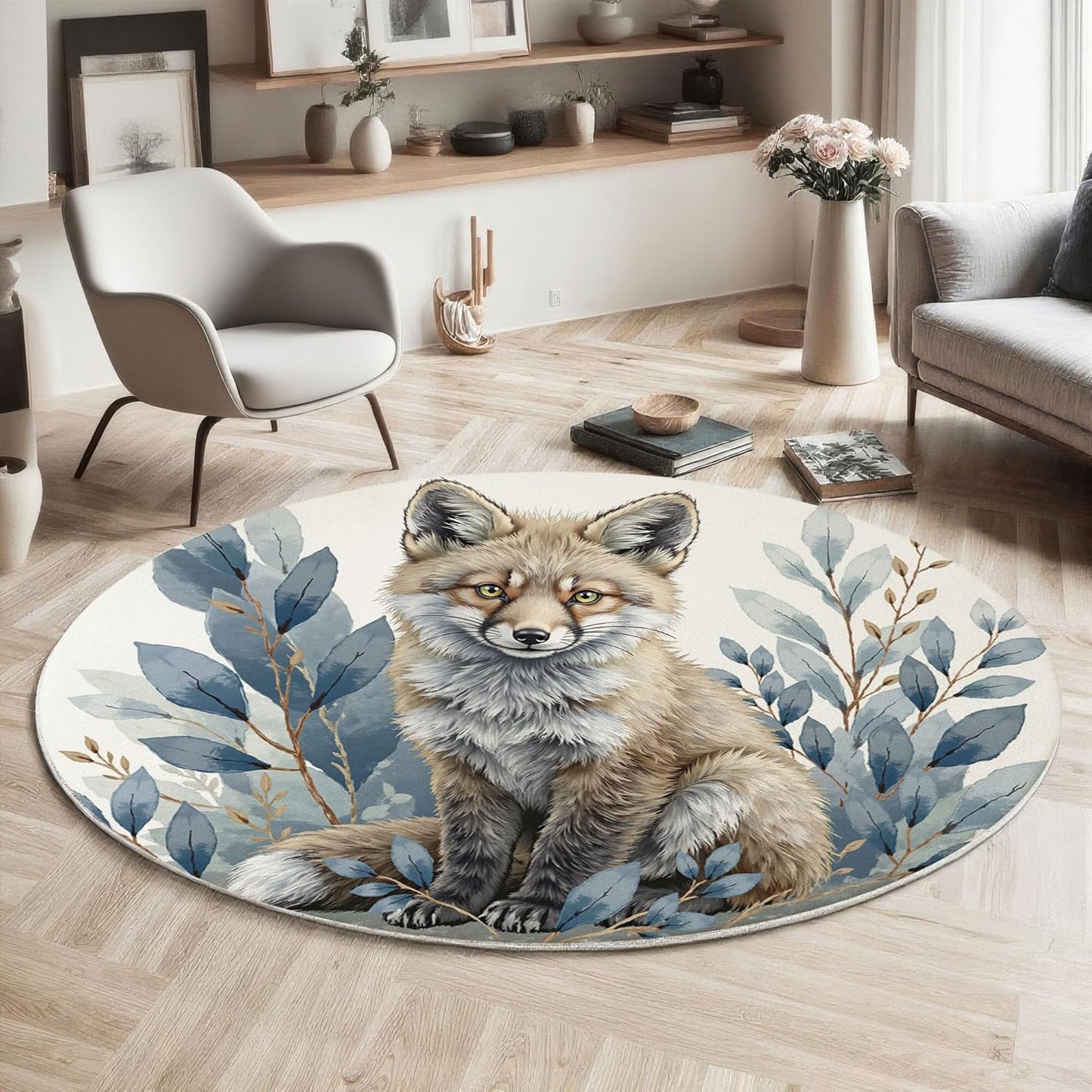 Round Area Rug, 3Ft Washable Non-Slip Blue Gray Watercolor Fox Leaves Circle Rug, Soft Low-Pile Realistic Animal Style Indoor Small Circular Carpet for Bedroom Entryway Dining Living Room