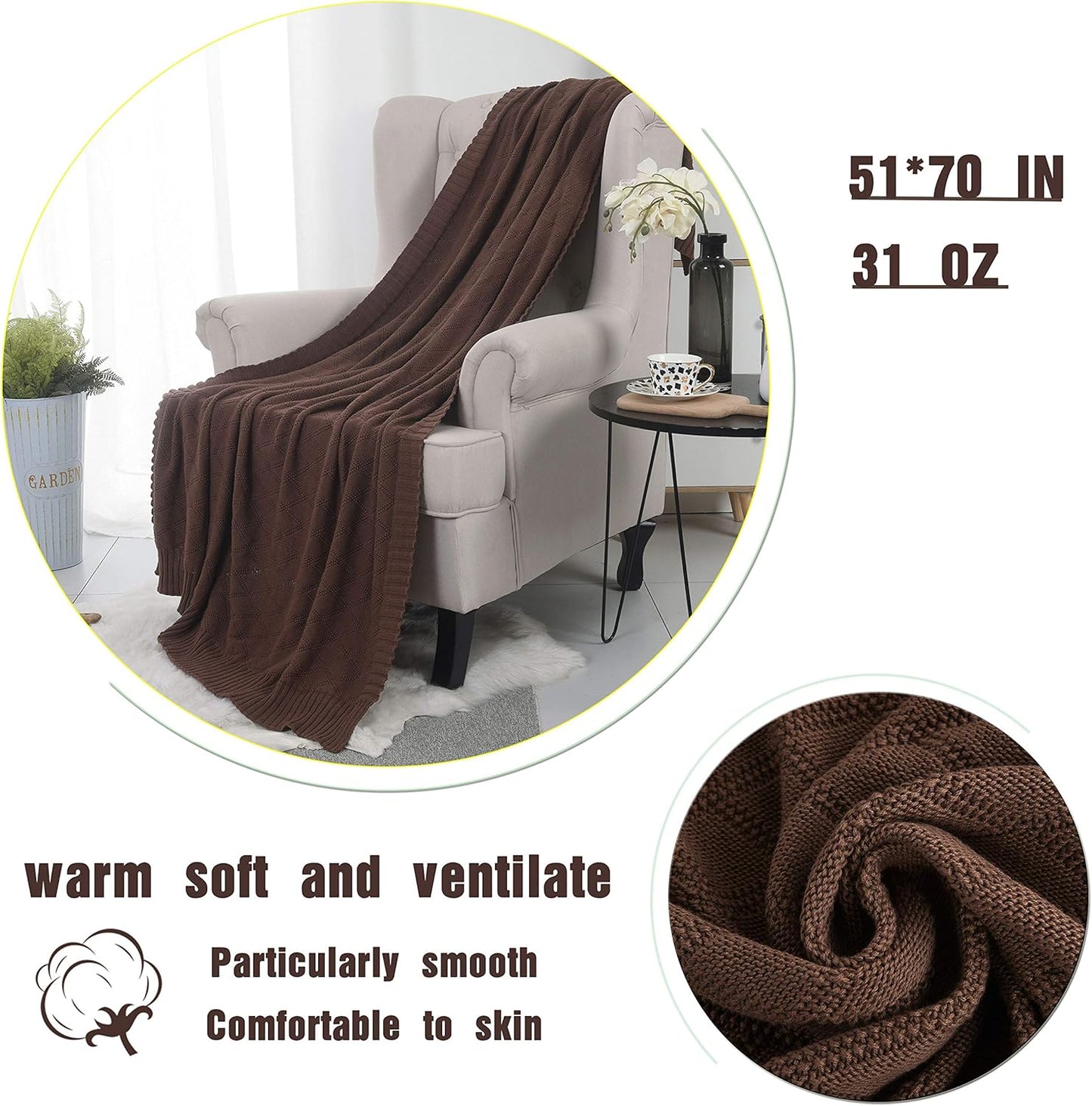 Soft Throw Blanket, Bed Knit Throw Blanket for Couch Chairs Home Decorative 51x70in,Brown