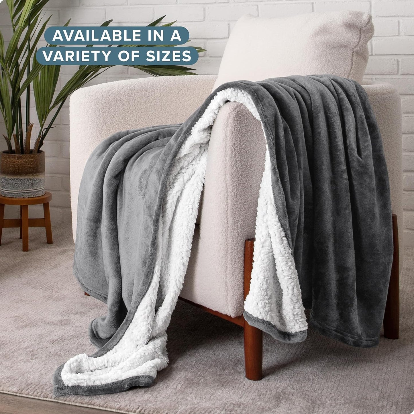 Bare Home Sherpa Fleece Blanket - Throw/Travel Size - Blanket for Bed, Sofa, and Couch - Warm & Lightweight - Fluffy & Soft - Reversible (Throw/Travel, Grey)