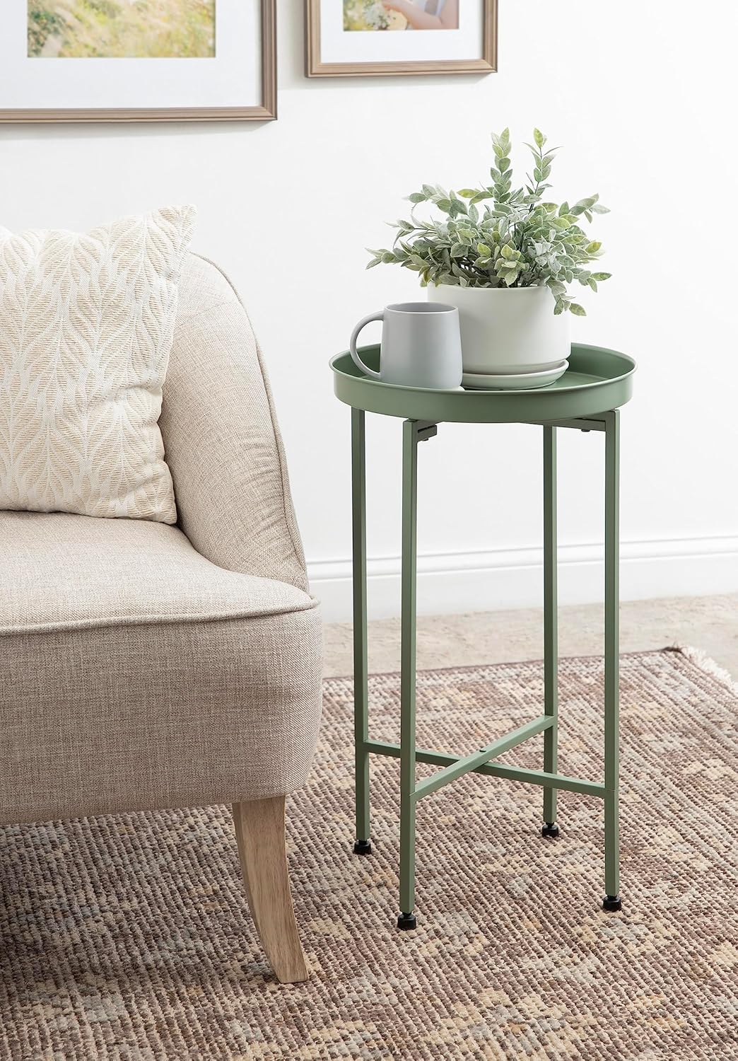 Kate and Laurel Celia Round Metal Foldable Accent Table; 15 x 26; Green; Transitional Small Side Table with a Removable Magnetic Tray Tabletop and Space-Saving Folding Base