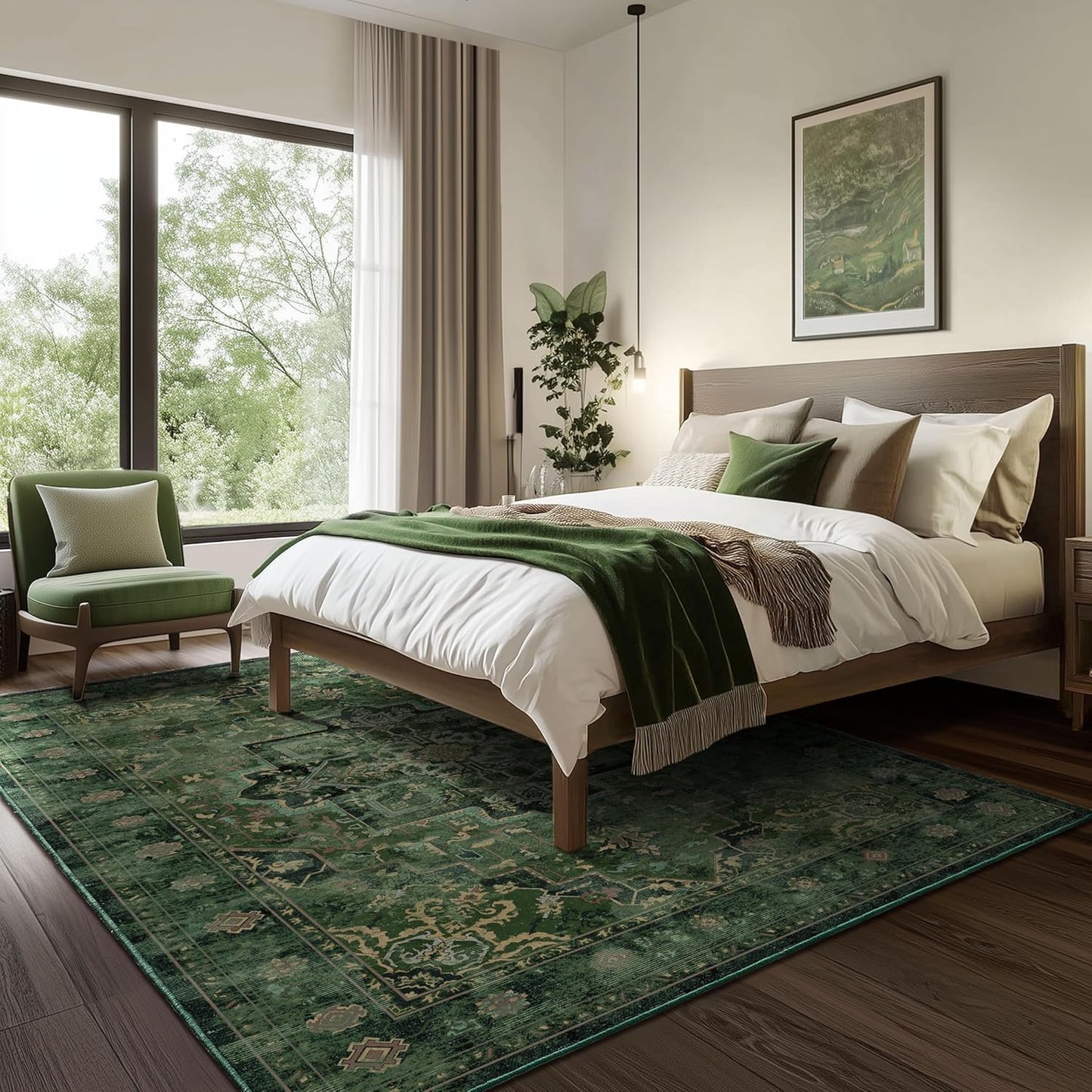 Dark Green Tranditonal 6x9 Area Rugs for Living Room, Vintage Distressed Medallion Printed Low Pile Thin Rugs for Bedroom, Washable Non Slip Soft Carpet for Dining Room Home Office Guest Room